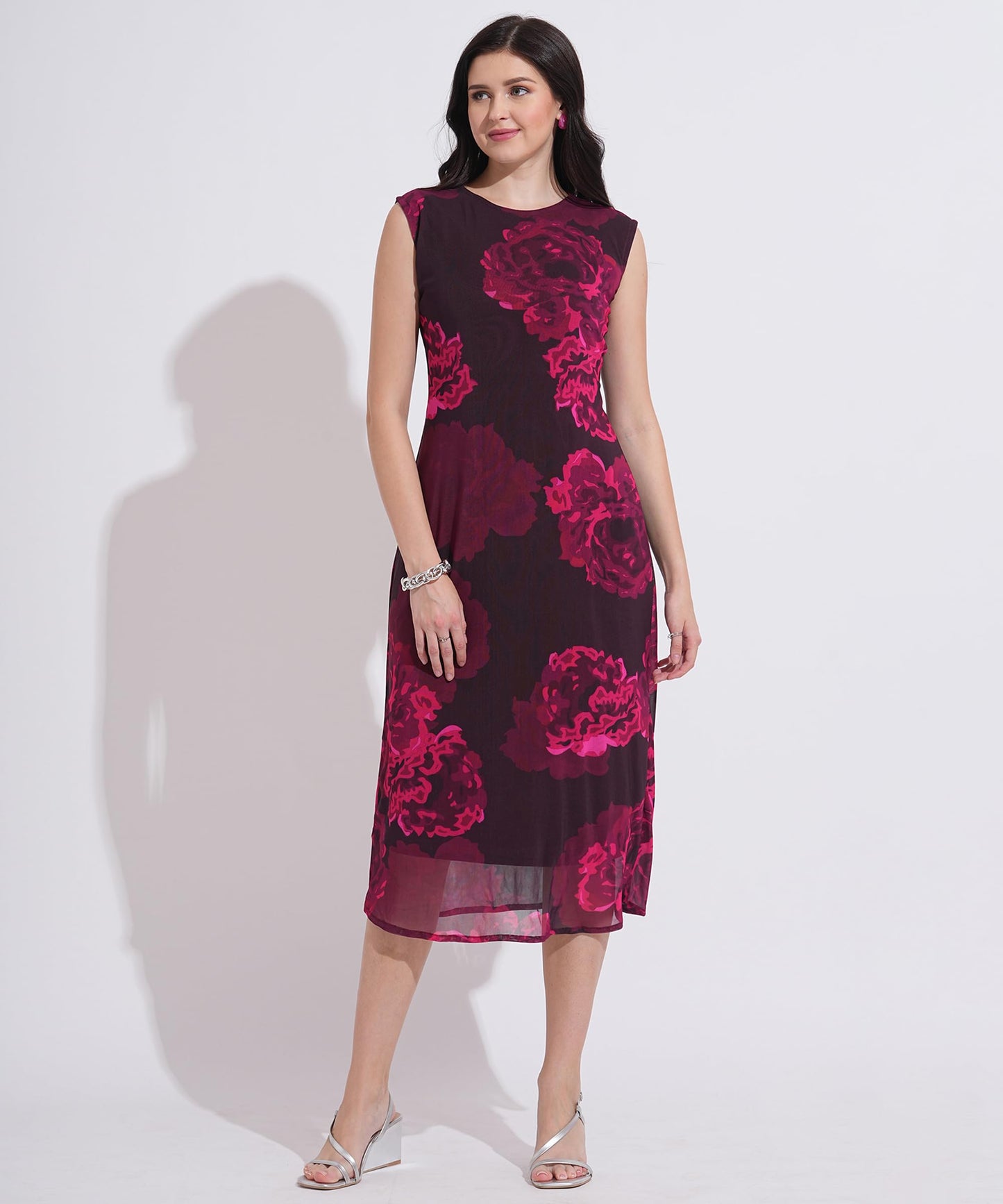 Masalli Fashion Women's Wine Floral Printed Bodycon Dress