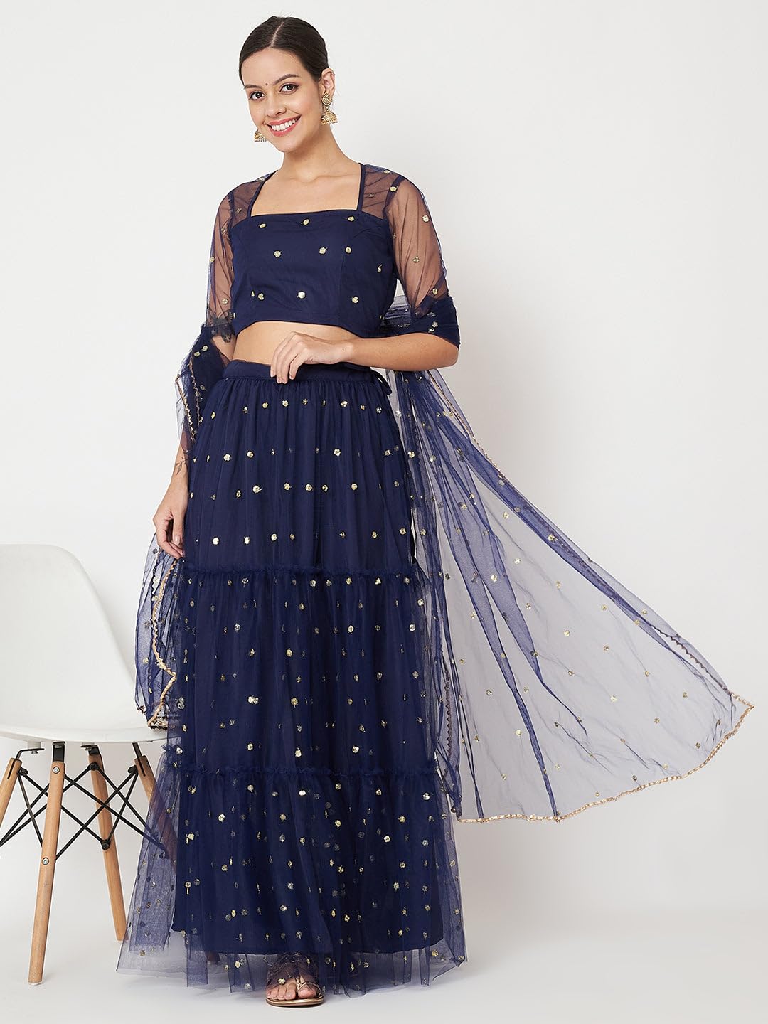 studio rasa Women's Net Sequin Embroidered Tiered Lehenga Set for Wedding Festive Party (LHSC52402L_Navy_Large)