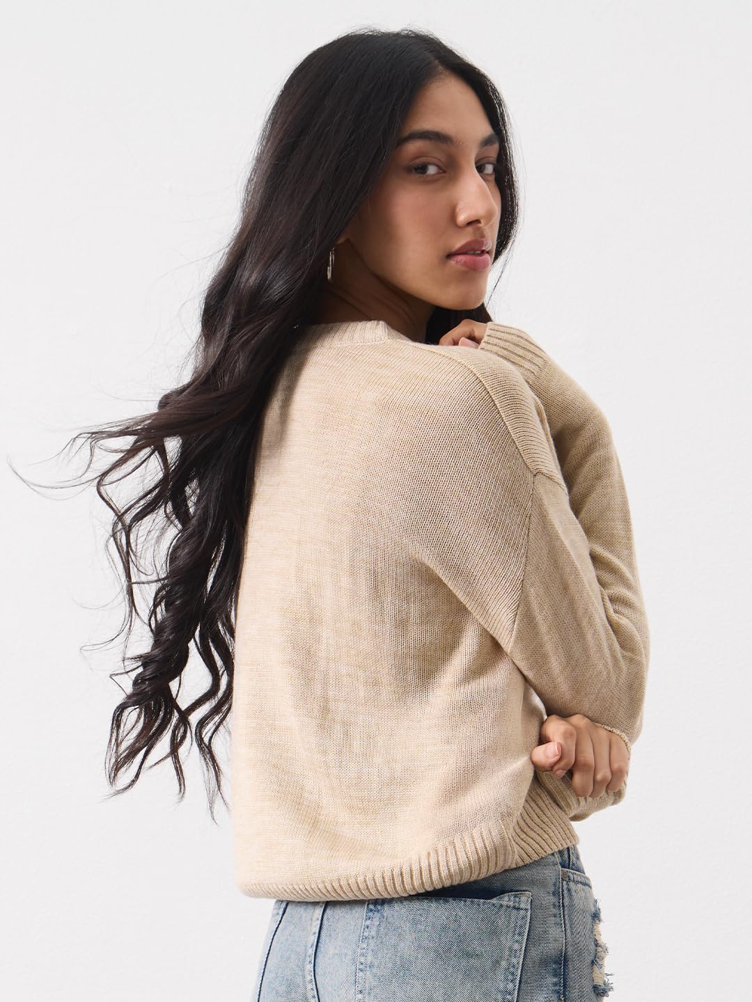 The Souled Store Official Lilo and Stitch: Ohana Women and Girls Oversized Sweater Beige