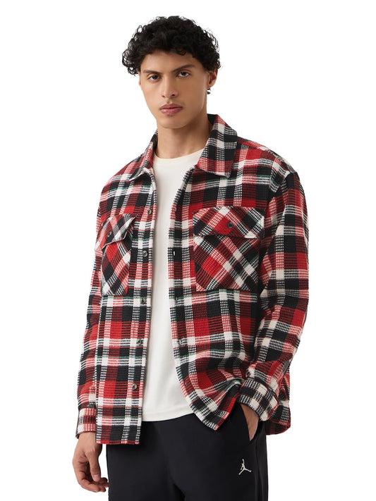 The Souled Store Plaid Shacket: Volcano Men and Boys Long Sleeves Collared Neck Button Front Red Cotton Blend Oversized Shackets