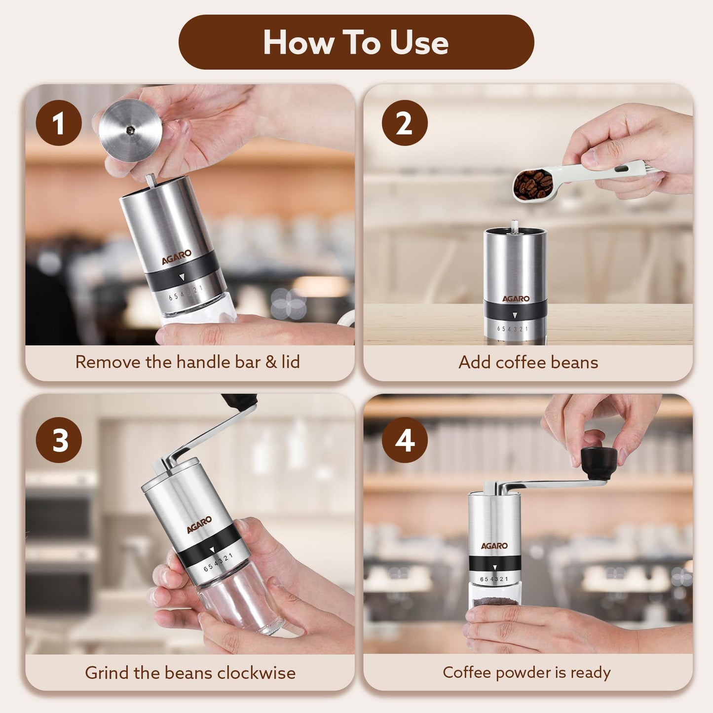 AGARO Elite Manual Coffee Grinder, Ceramic Grinder with Glass jar, 6 Adjustable Settings, Stainless Steel Body, Tooth Handle, No Power, Whole Bean, Drip Coffee, Espresso, Silver