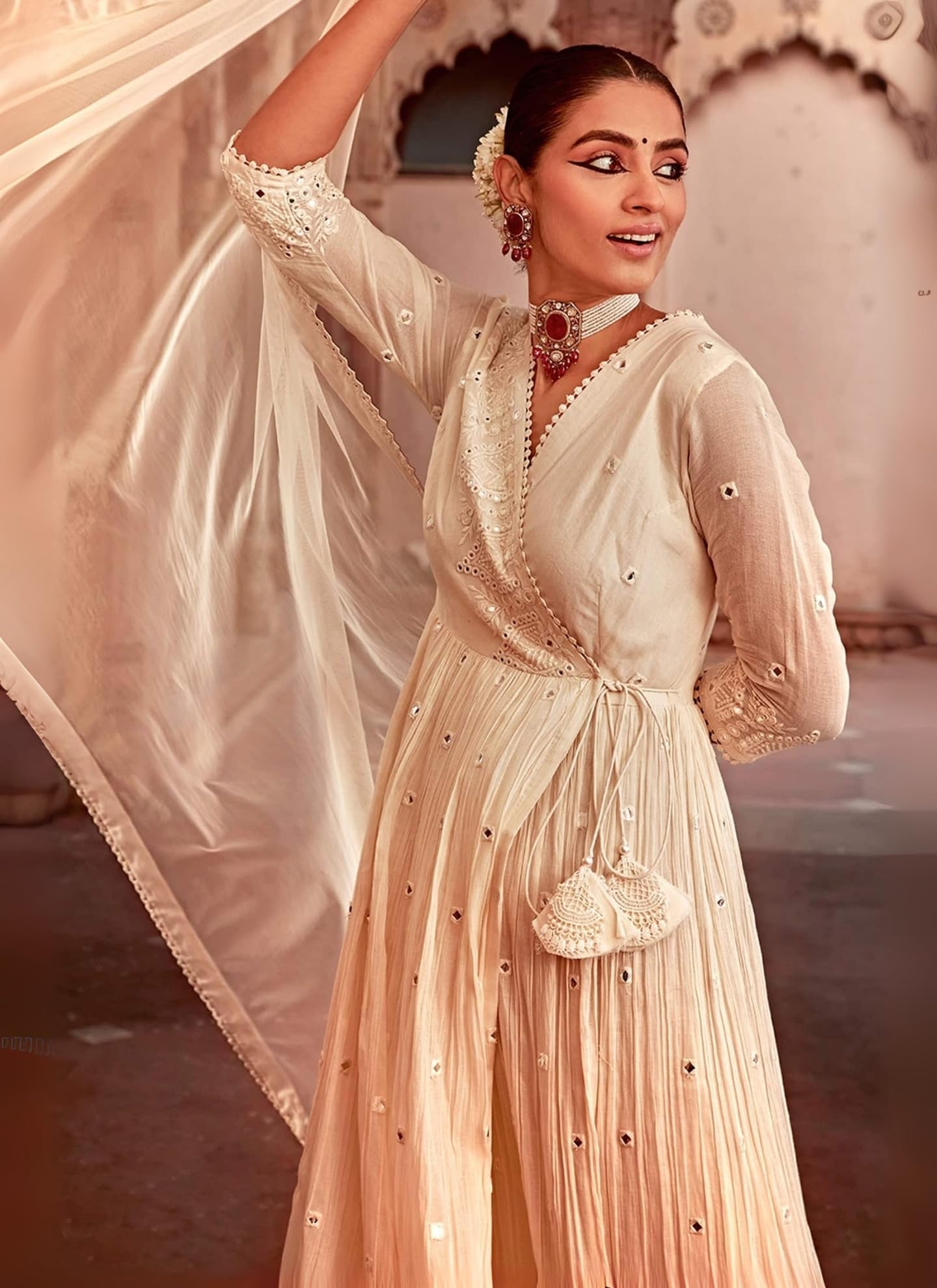 Elegant White Pure Cotton Angrakha Anarkali with Foil Mirror and Thread Embroidery Work
