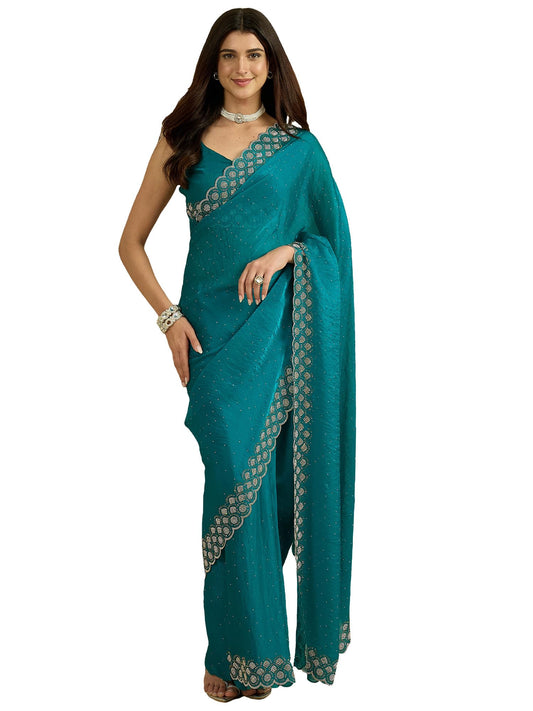 AKHILAM AKHILAMWomen'sTealblueSatinSilkBeads&StonesWorkScallopedBorderSareeWithUnstitchedBlousePiece|sareeforwoman|DesignerSareeforWomen|Soft and Skin Friendly(VT6074B_VM)