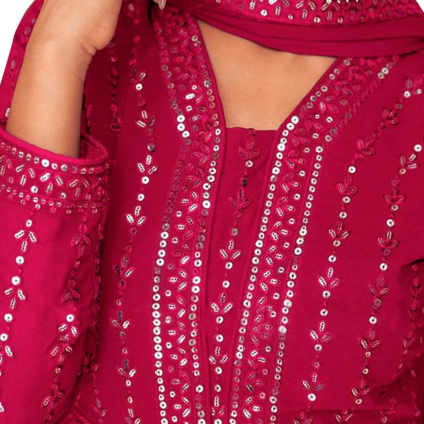 Miss Ethnik Women's Faux Georgette Full Sleeve Stitched Embroidered Floor Length Pink Anarkali Gown with Dupatta (ME-1106-Pink-L)