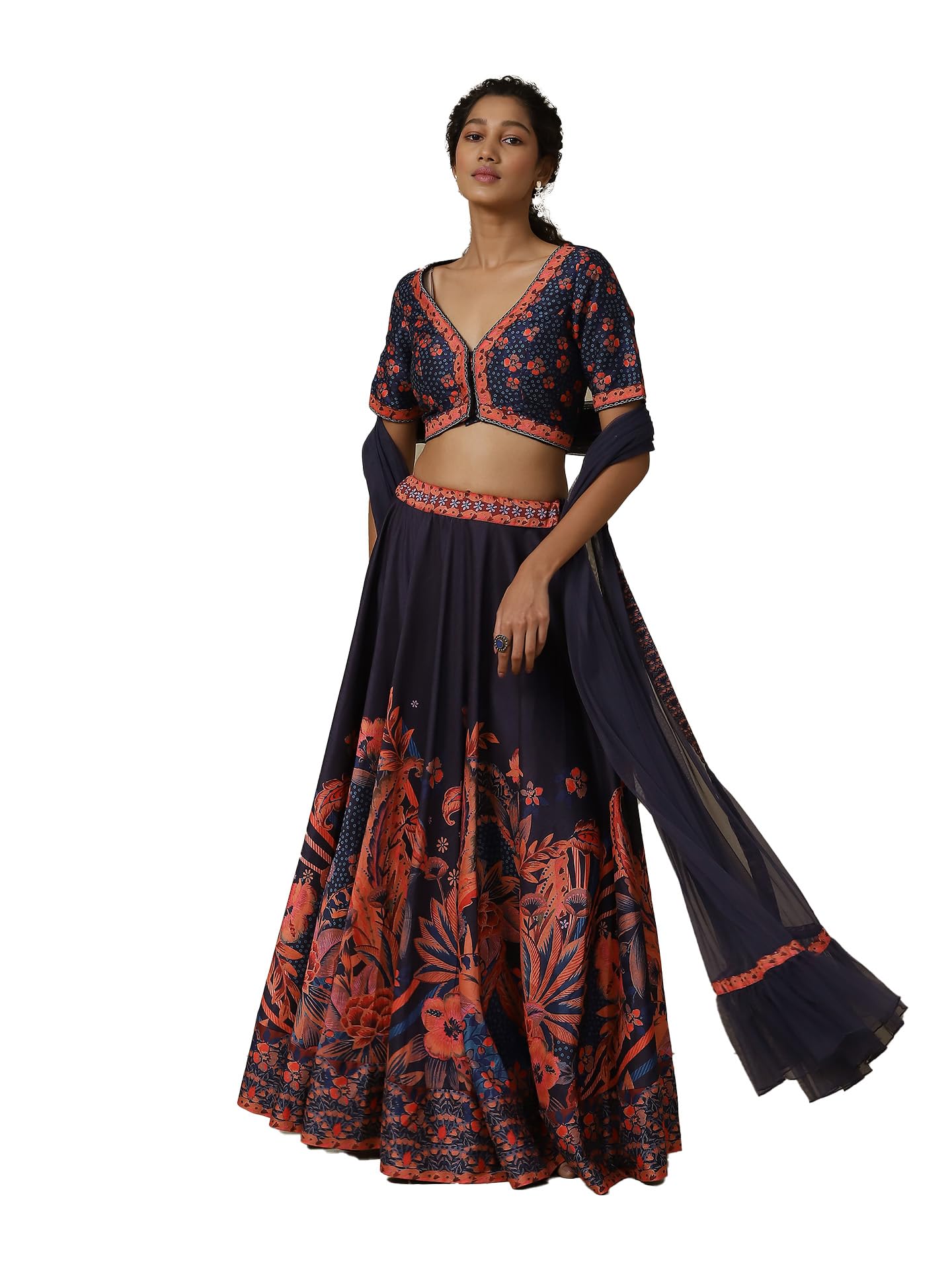 Aarke Ritu Kumar Navy FLoral Printed Lehenga With Blouse And Dupatta