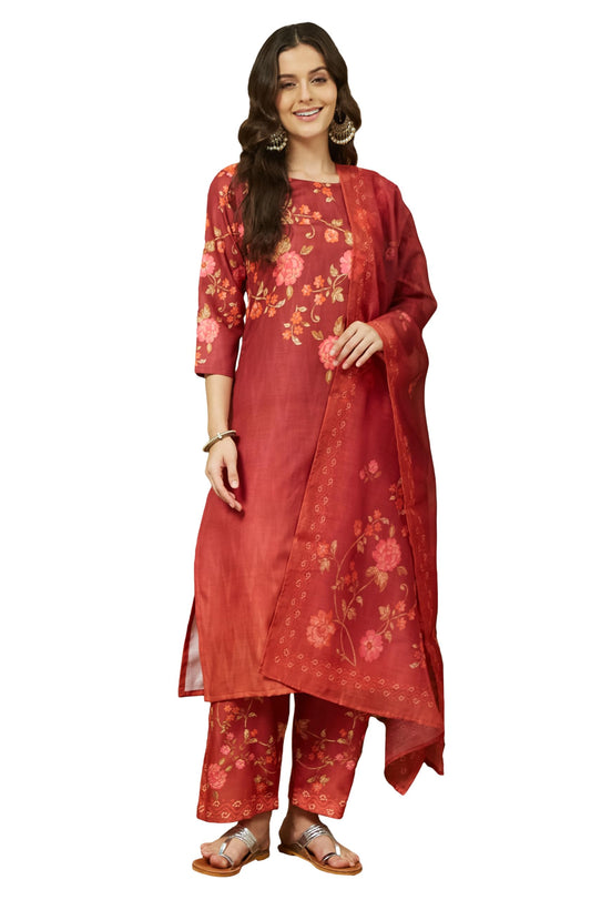 Janasya Women's Rust Cotton Blend Floral Printed Straight Kurta Set (JAC25ST02950-M)