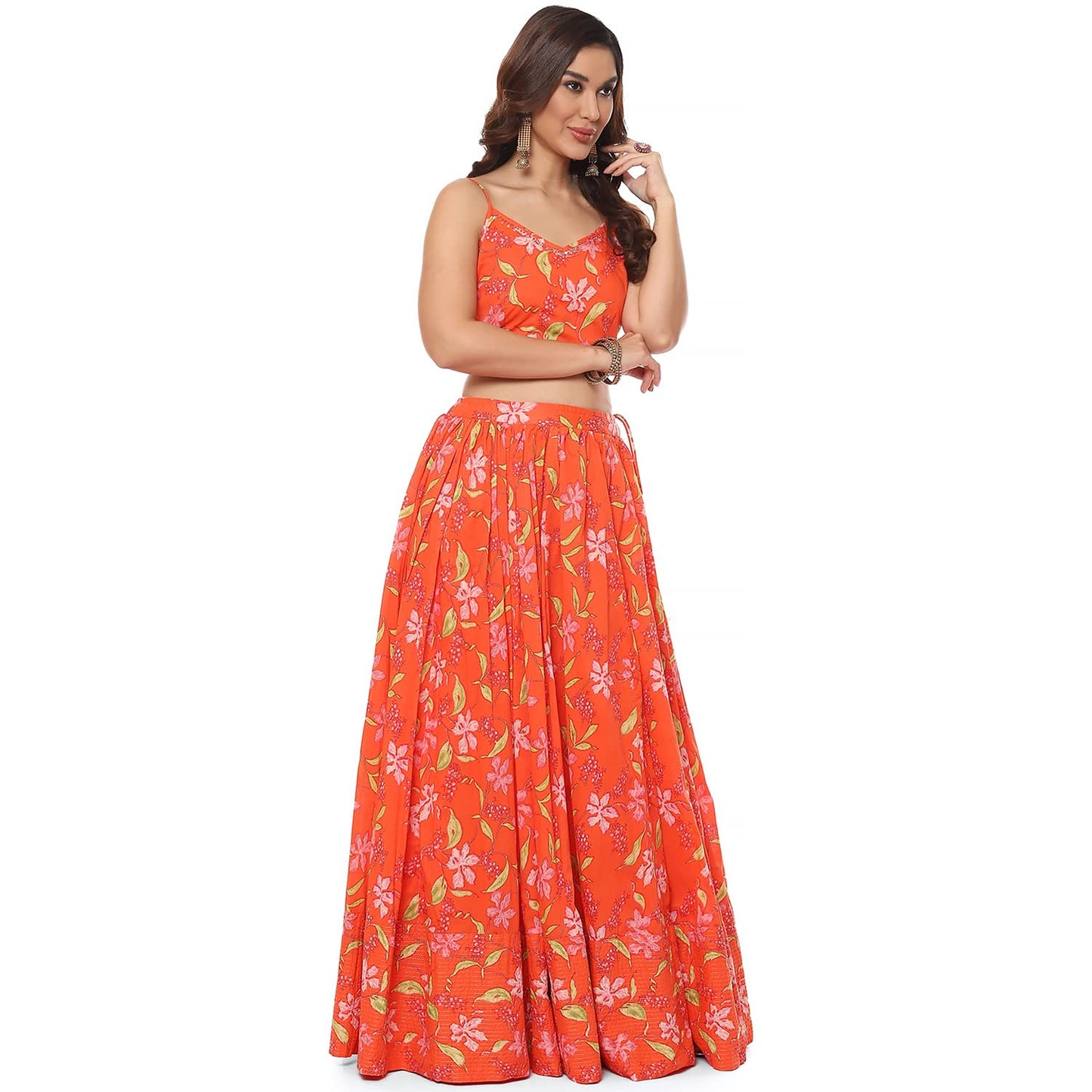 BIBA Women's Orange Art Silk Cape Lehenga Set