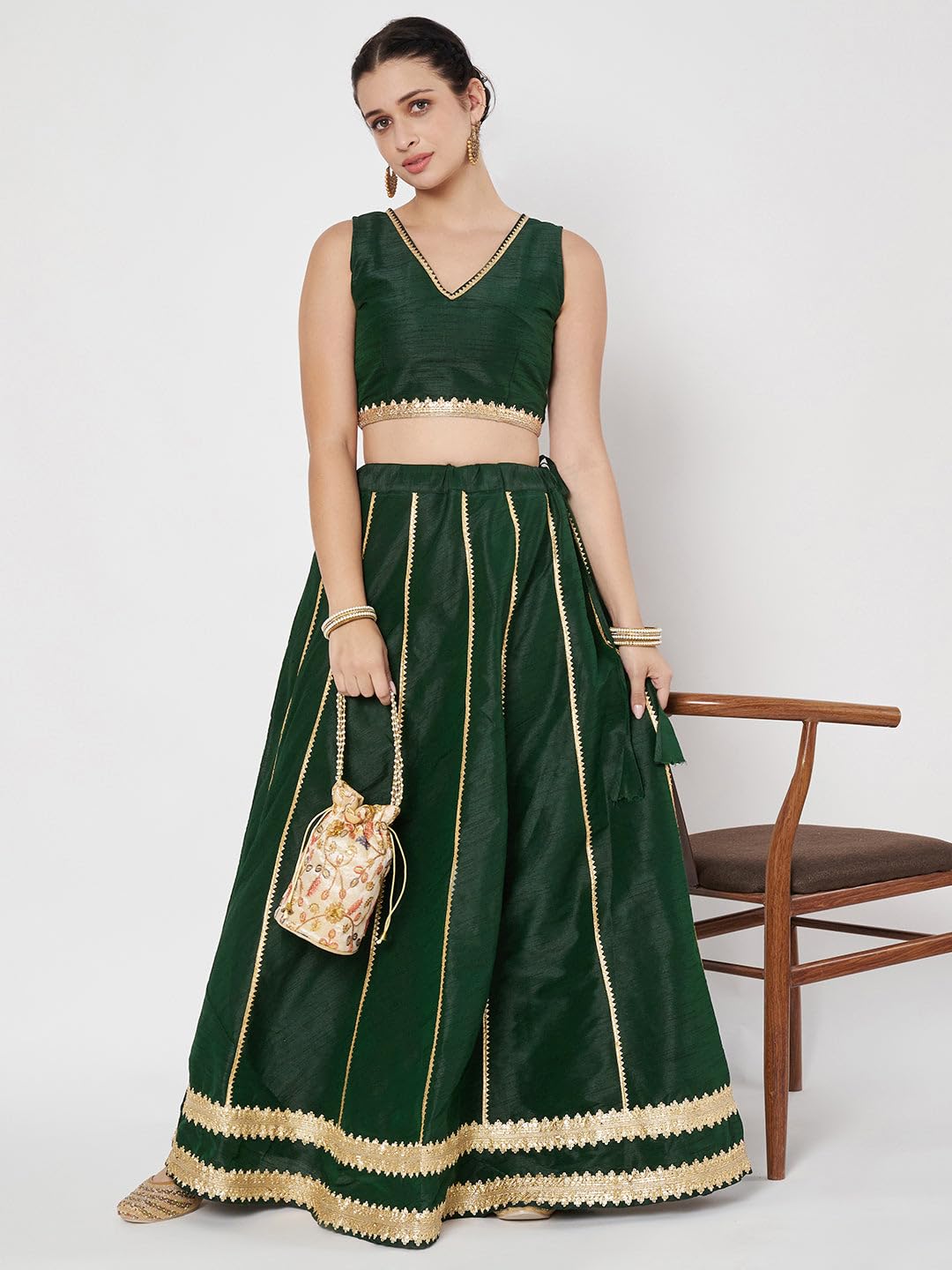 studio rasa Women's Dupion Kalidaar Embellished Bias Skirt for Festive Wedding Party (SKTC62414M_Green_Medium)