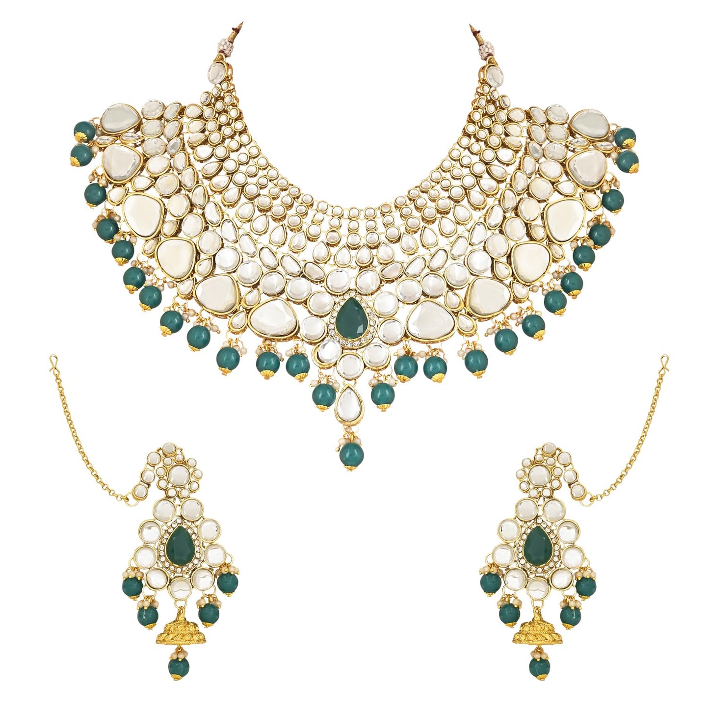 I Jewels Wedding Collection Traditional Ethnic Gold Plated Pearl & Kundan Stone Work Bridal Jewellery Set For Women (Green) (BLP036G)