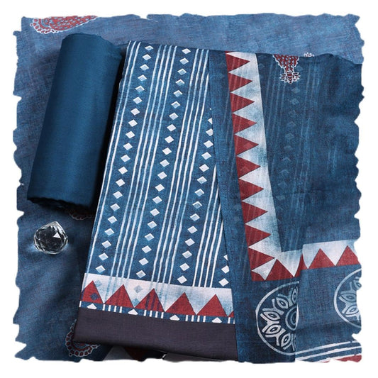 Meena Bazaar Printed Cotton Blend Blue Unstitched Kurta with Bottom & Dupatta