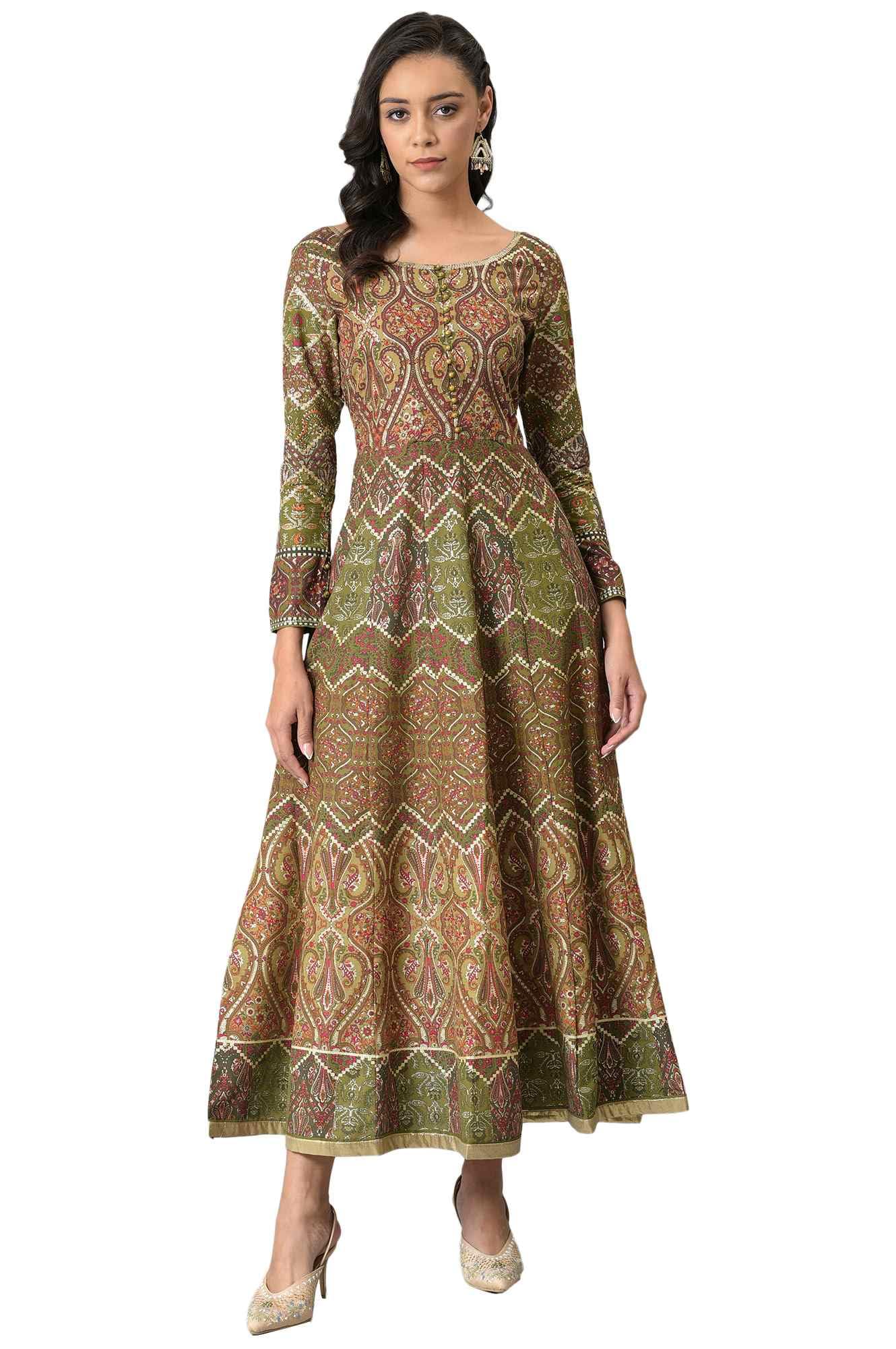 W for Woman Women's Viscose Olive Green Glitter Print Dress Ankle Length 22FEW12494-119009_Red