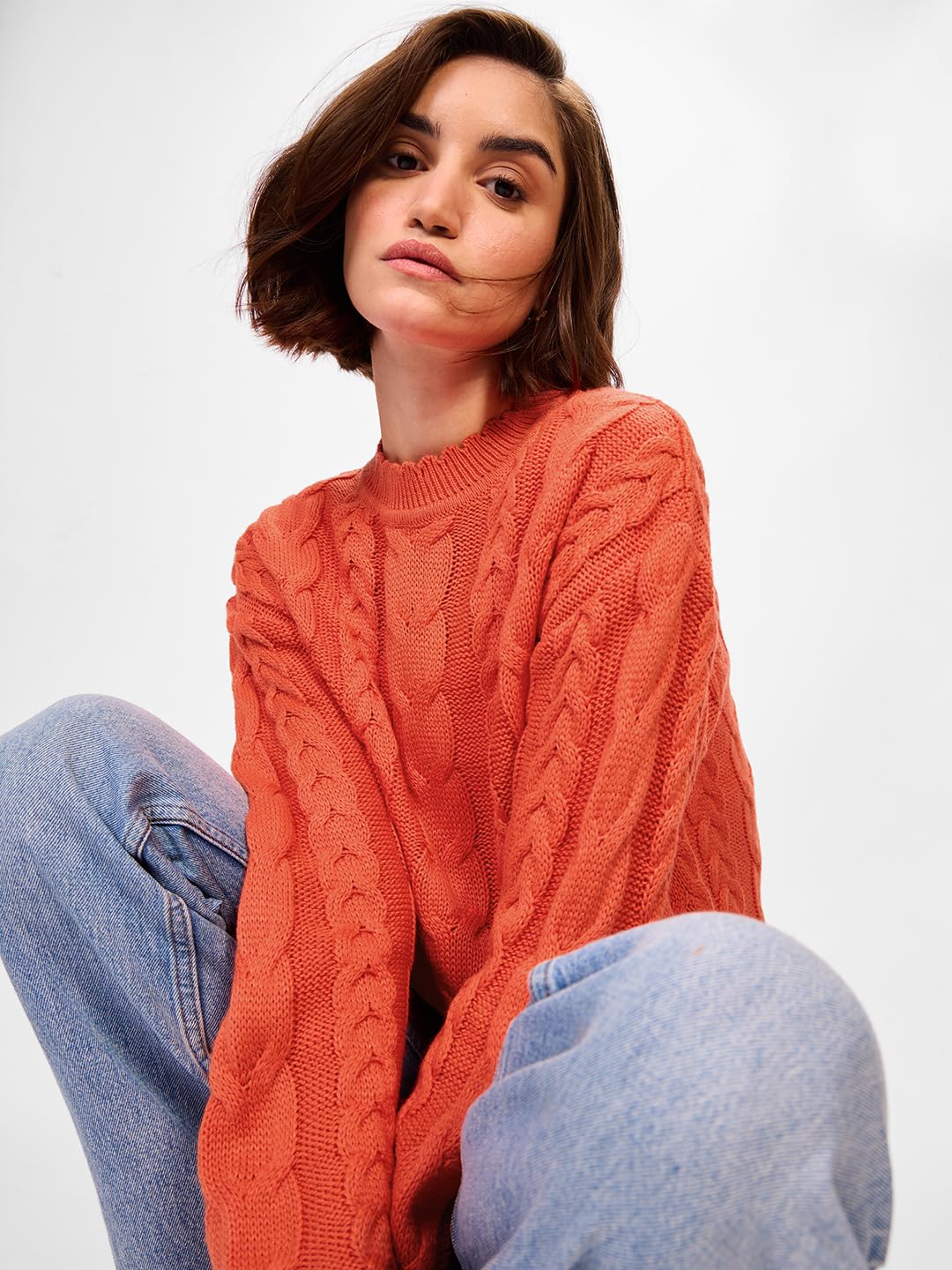 The Souled Store Cable Knit Sweater Originals: Fiery Orange Women Oversized Sweater