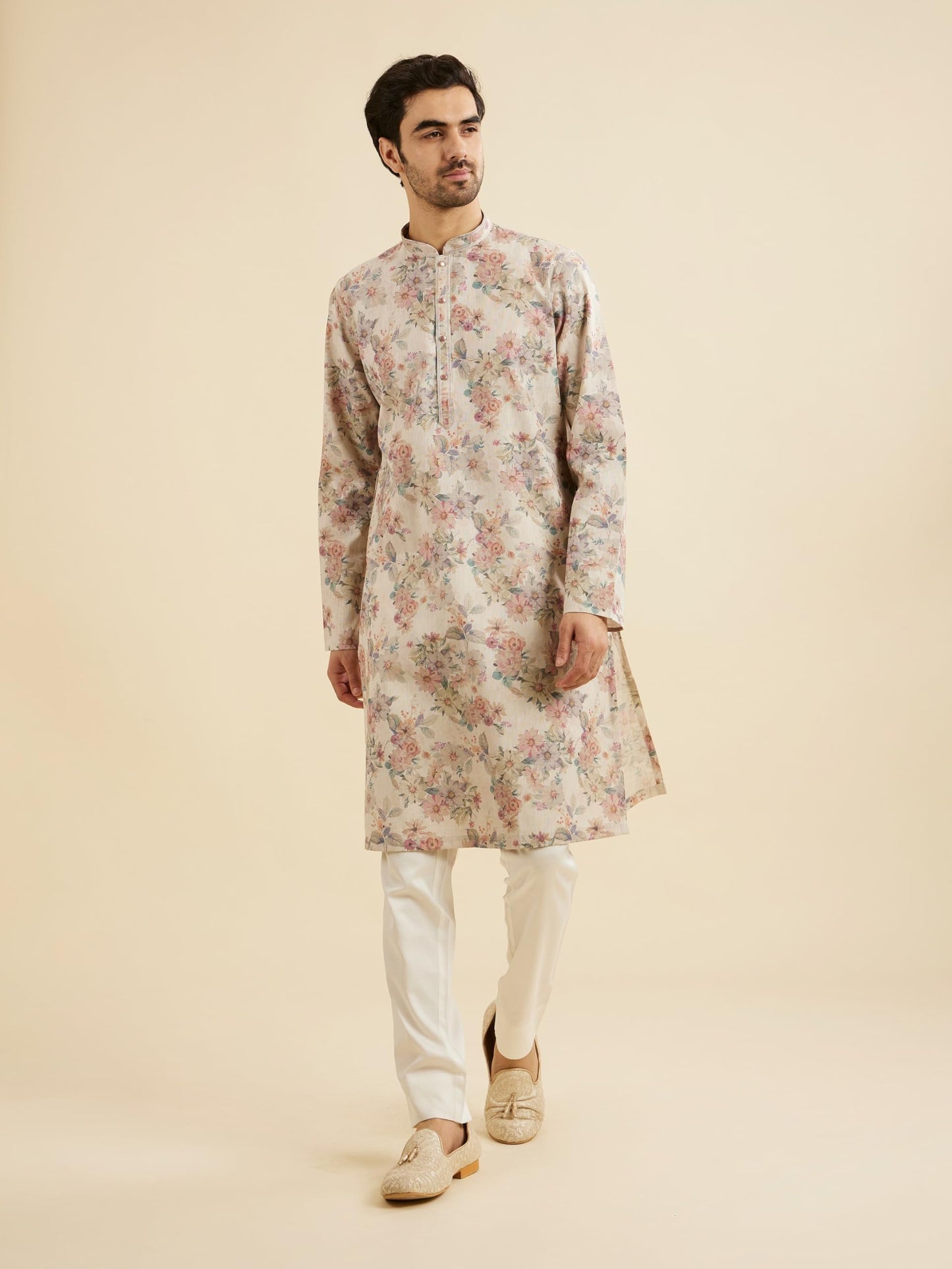 Manyavar Men's Cotton BlendFloral Digital Print Long Kurta (Natural,XL)