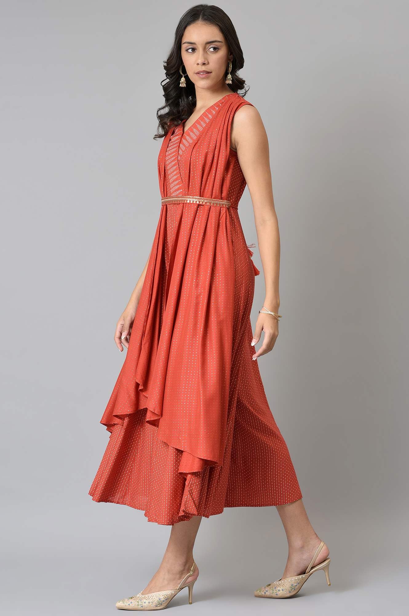 W for Woman Red Gilet Kimono Jumpsuit With Embellished Belt