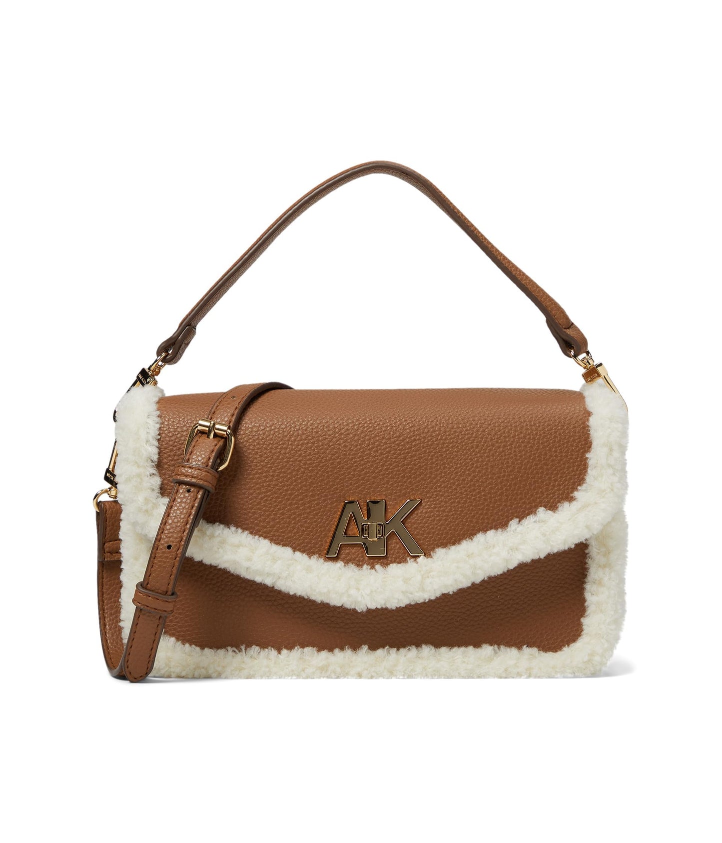 Anne Klein E/W Convertible Sherpa Flap Shoulder Bag with Turn Lock, Chestnut/Cream, One Size