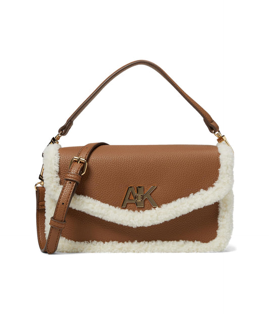 Anne Klein E/W Convertible Sherpa Flap Shoulder Bag with Turn Lock, Chestnut/Cream, One Size