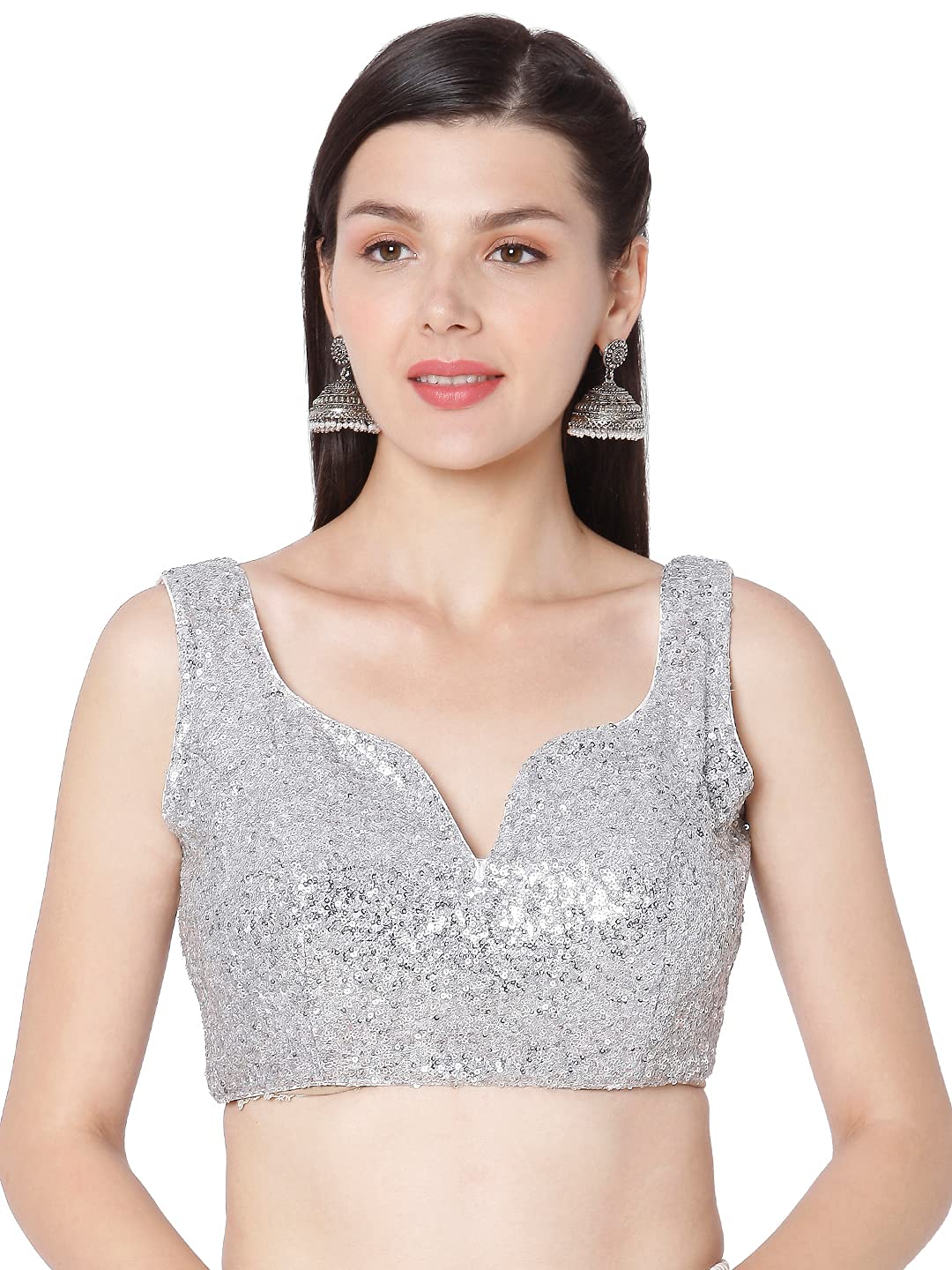 S SALWAR STUDIO Women's Silver Sequence Work Embroidered Readymade Saree Blouse-SSB3817-SLVR