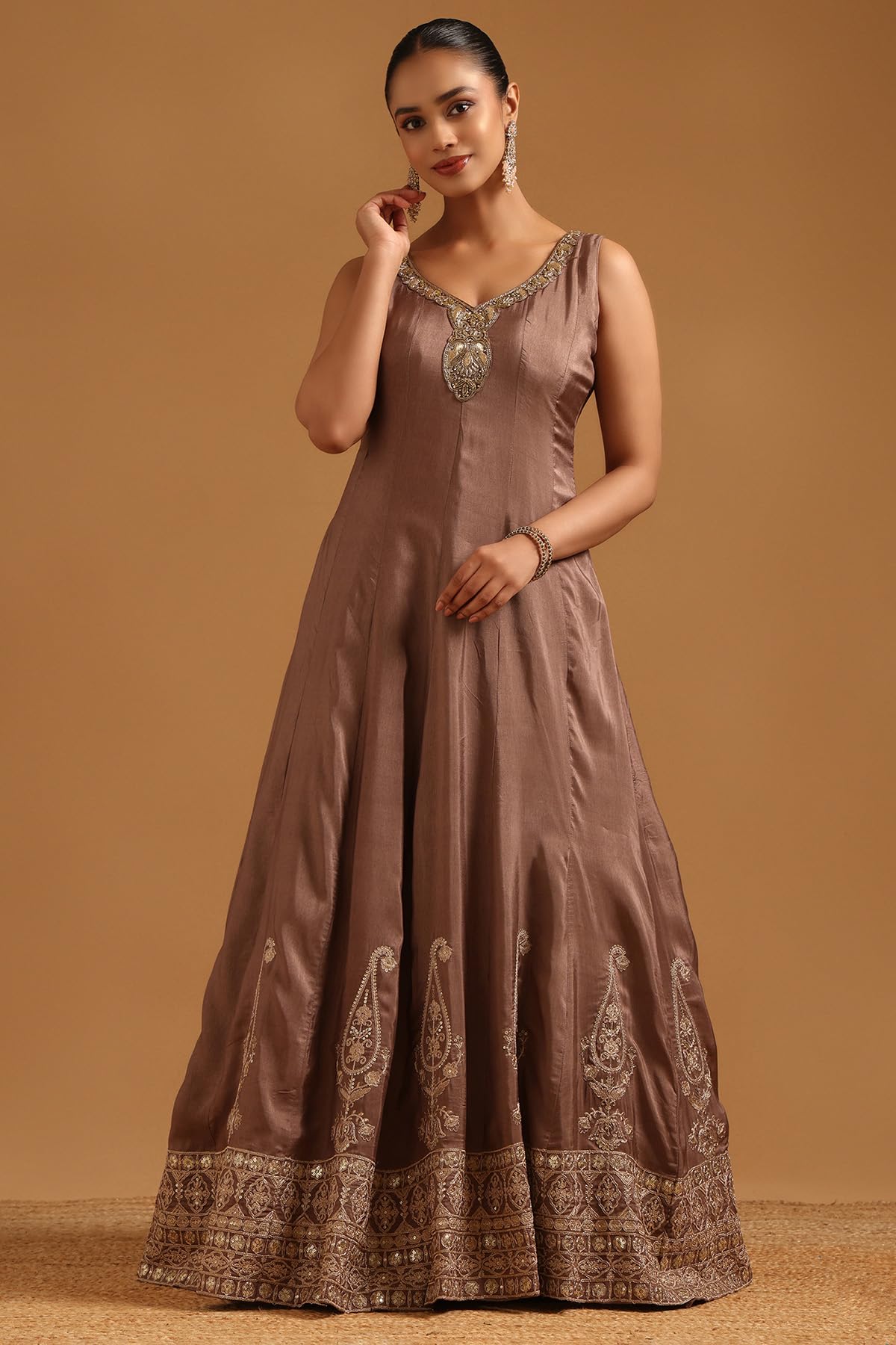 Soch Womens Brown Dola Silk Ethnic Motifs Gown with Cutdana