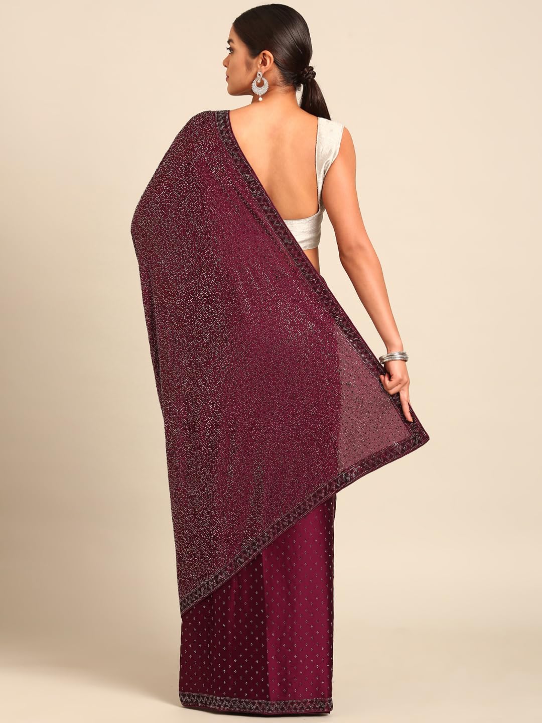 MOHEY Wine Satin Embroidery|Stone Work Saree for Women