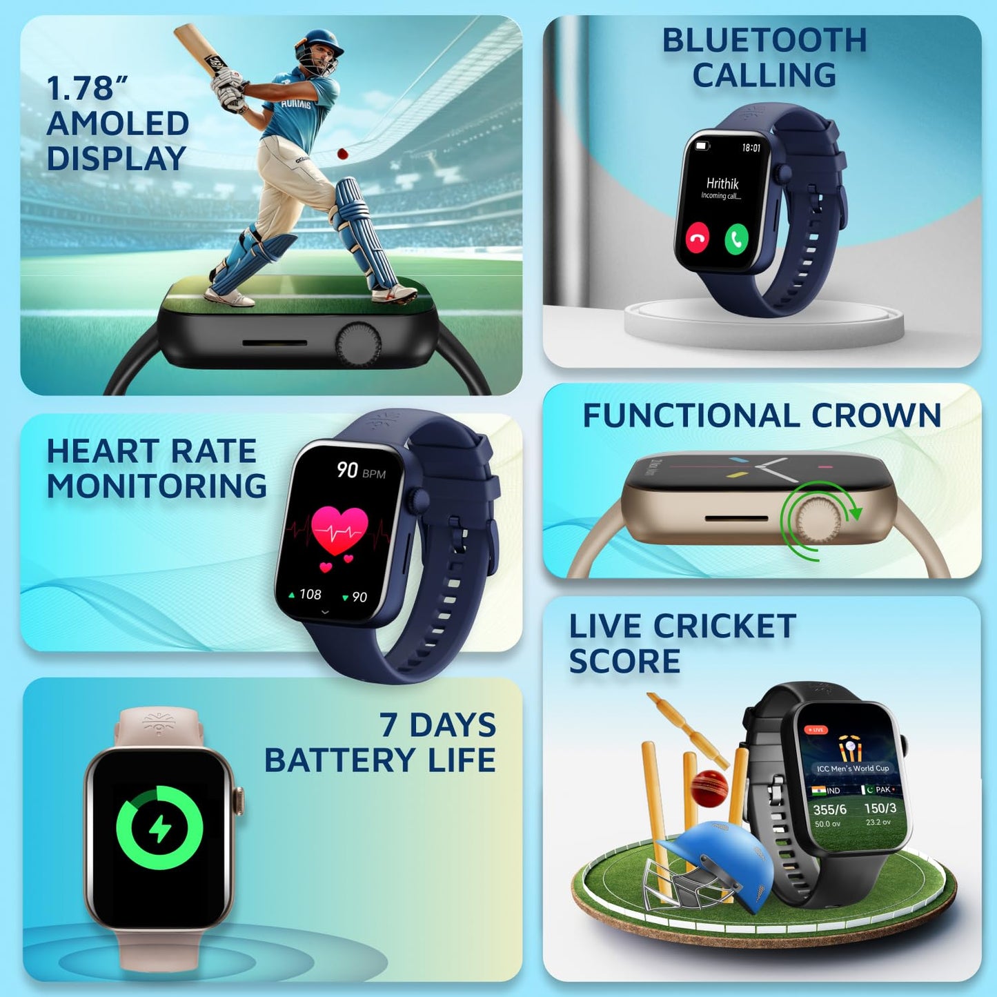 Cultsport Cult.Sport Burn Plus 1.78" Amoled, Live Cricket Score, 368 X 448 Best-in-Class Resolution, Bt Calling, Crown Control, Always On Display, 7 Days Battery Life, (Black Silicone Strap)