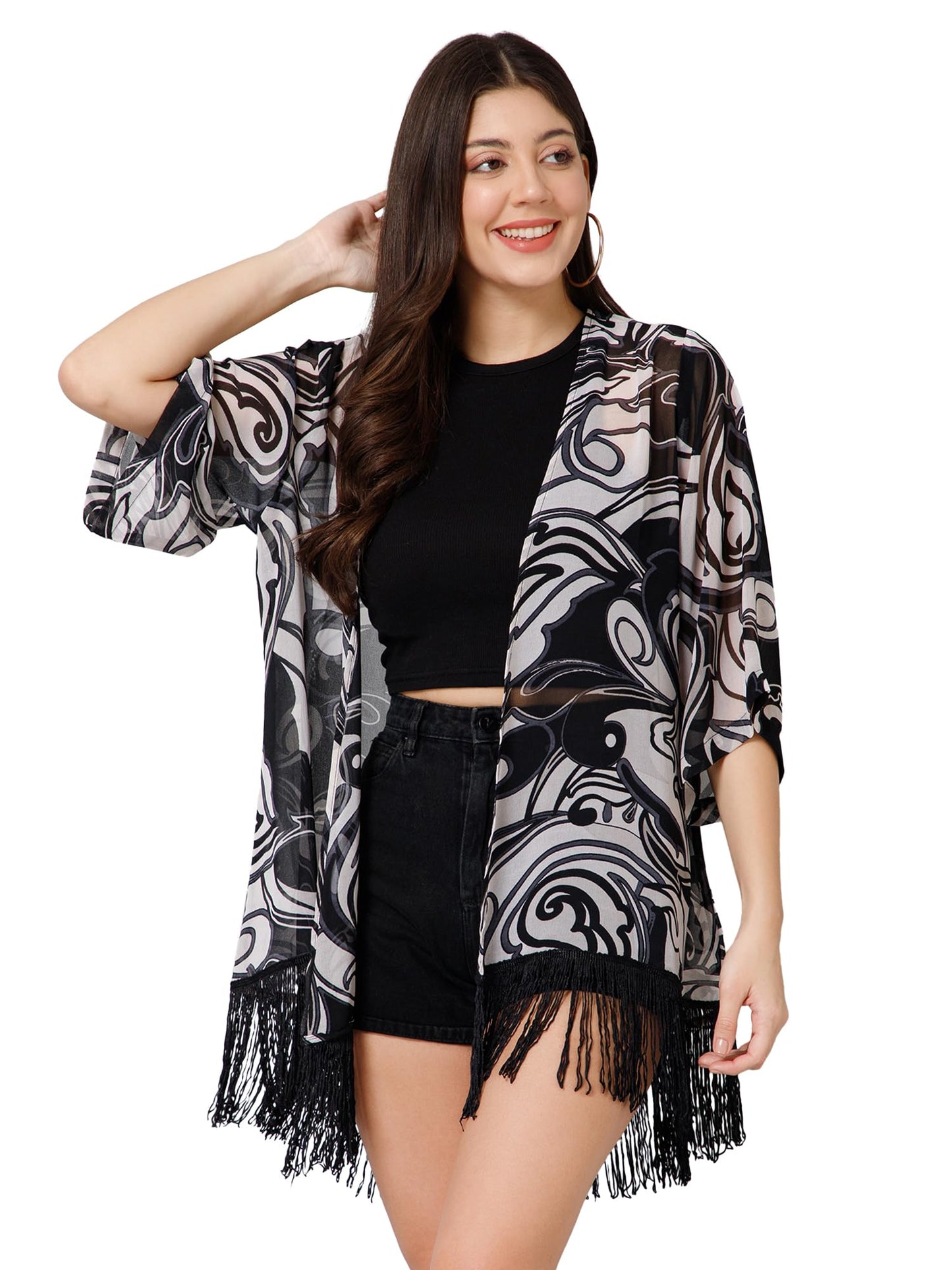 PURYS Women's Black & White Printed Kimono Shrug