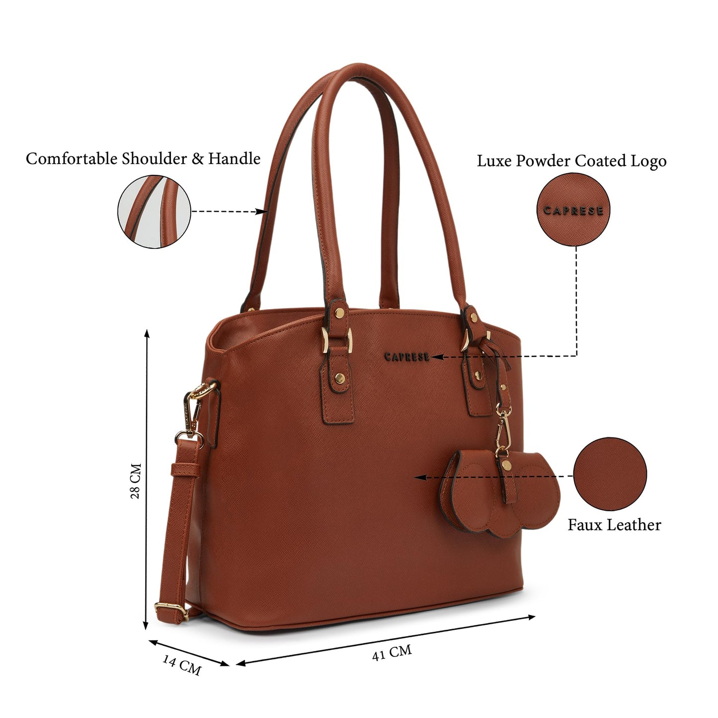 Caprese Lexi Medium Satchel Bag for Women | Solid Faux Leather Handbag with Adjustable & Detachable Strap | Zipper Closure with External Eyewear/Sunglass Charm Case | Perfect for Office Use