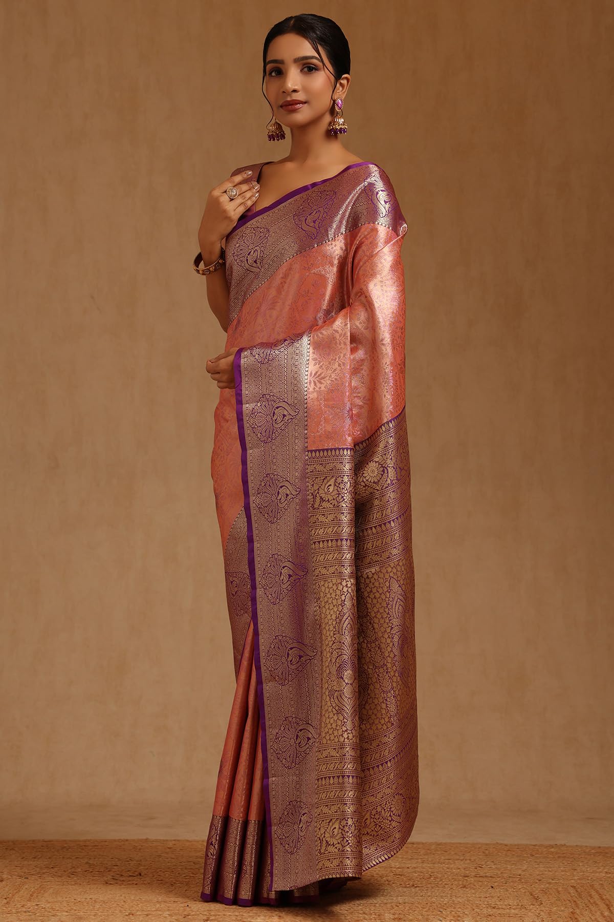 Soch Womens Peach Silk Blend Botanical Zari Woven Saree