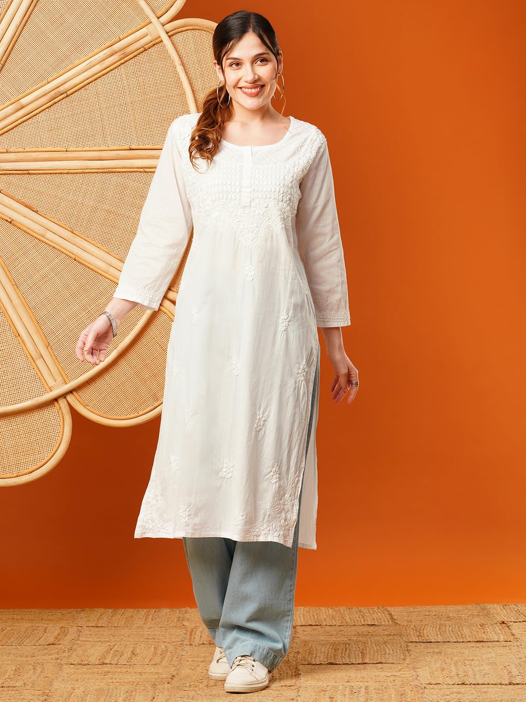 Ada Women's Hand Embroidered Lucknow Chikankari Pure Cotton Kurta Kurti A342031 (White, 2XL)