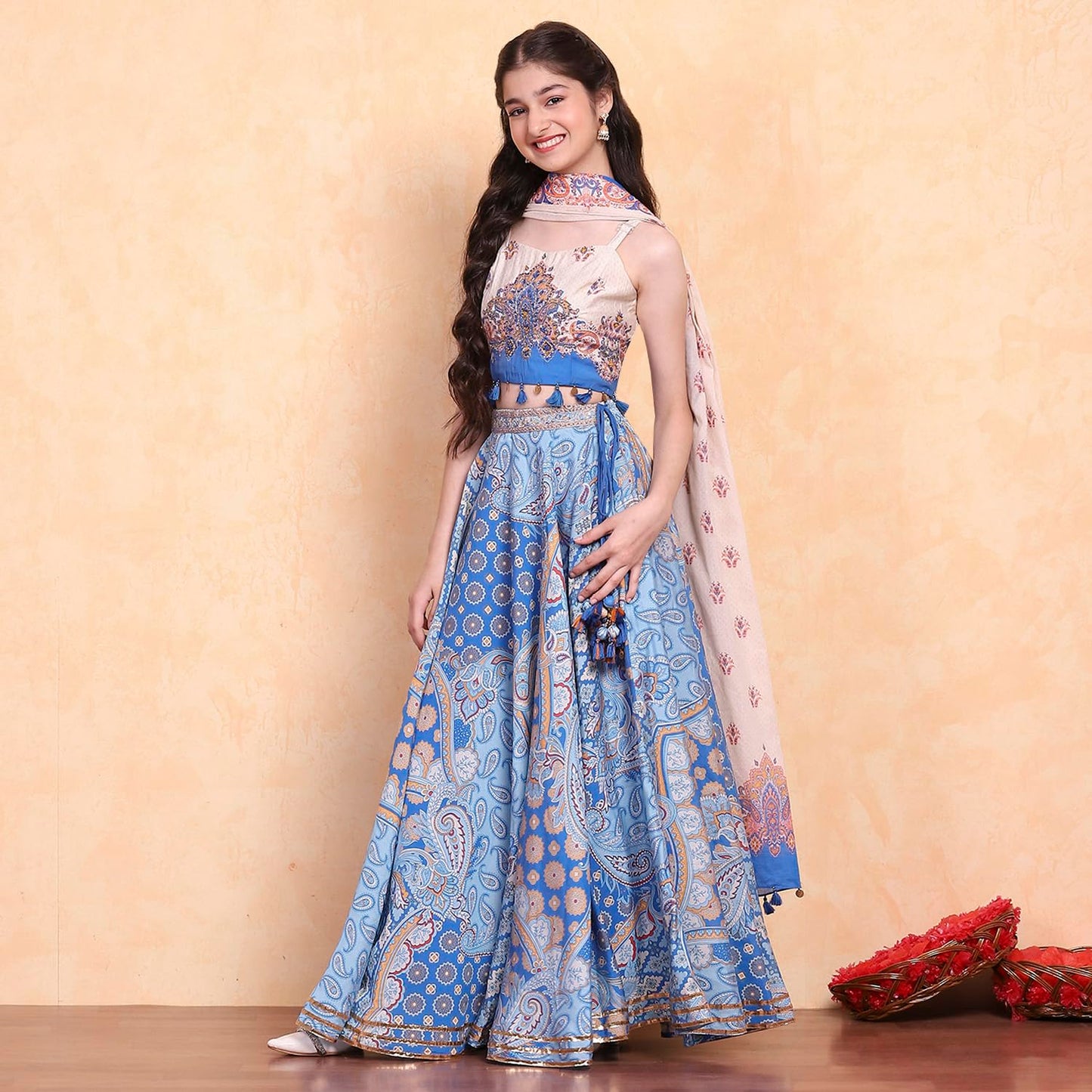 Biba Girl's Viscose Blend Lehenga Set (KWBOHEMIA6403SS25ELCBLU_Electric Blue_14-15 Year)