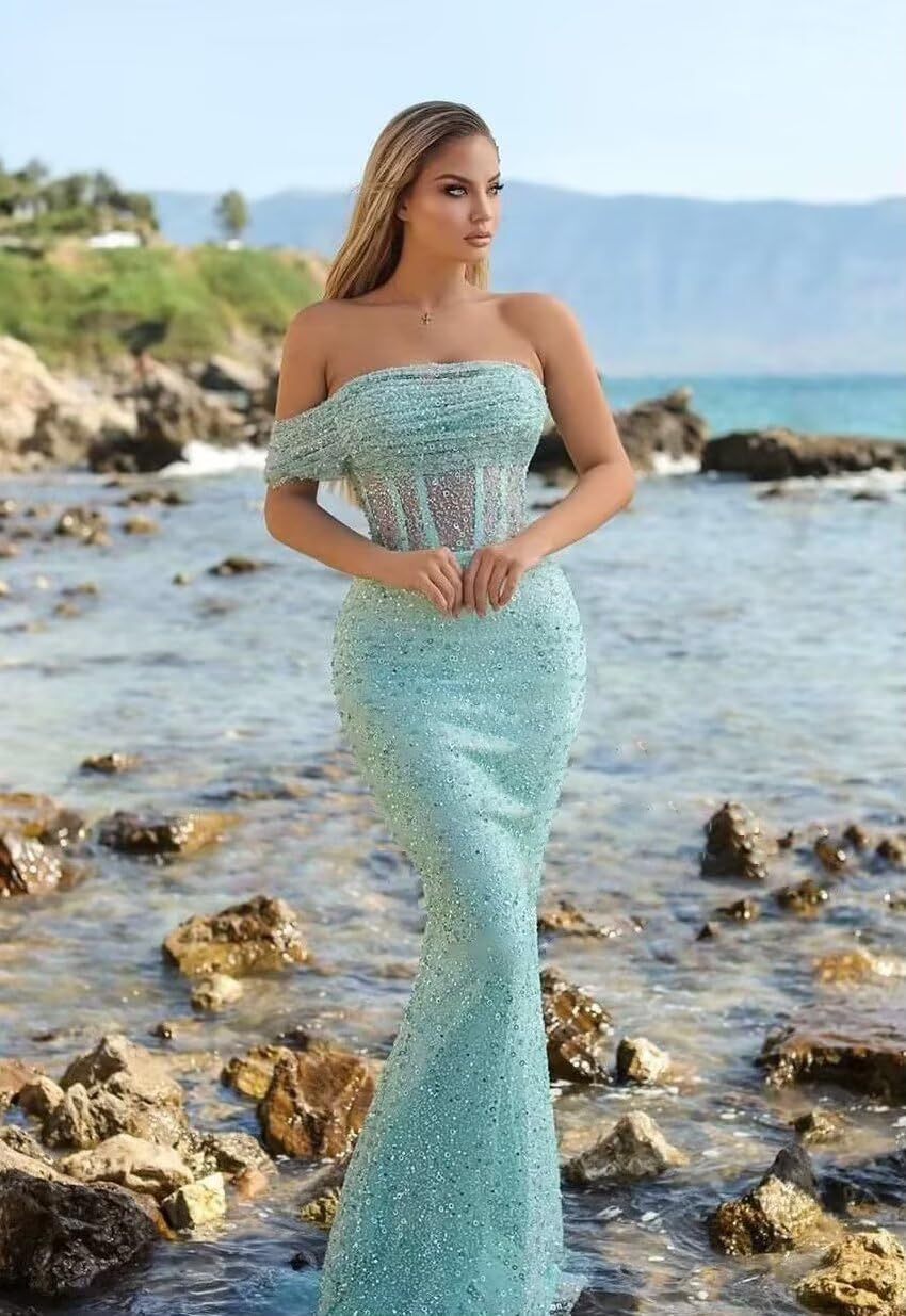 Sparkly Mermaid Prom Dresses for Women Sequin Off The Shoulder Detachable Train Evening Dresses Long Ball Gown, Emerald Green, 14