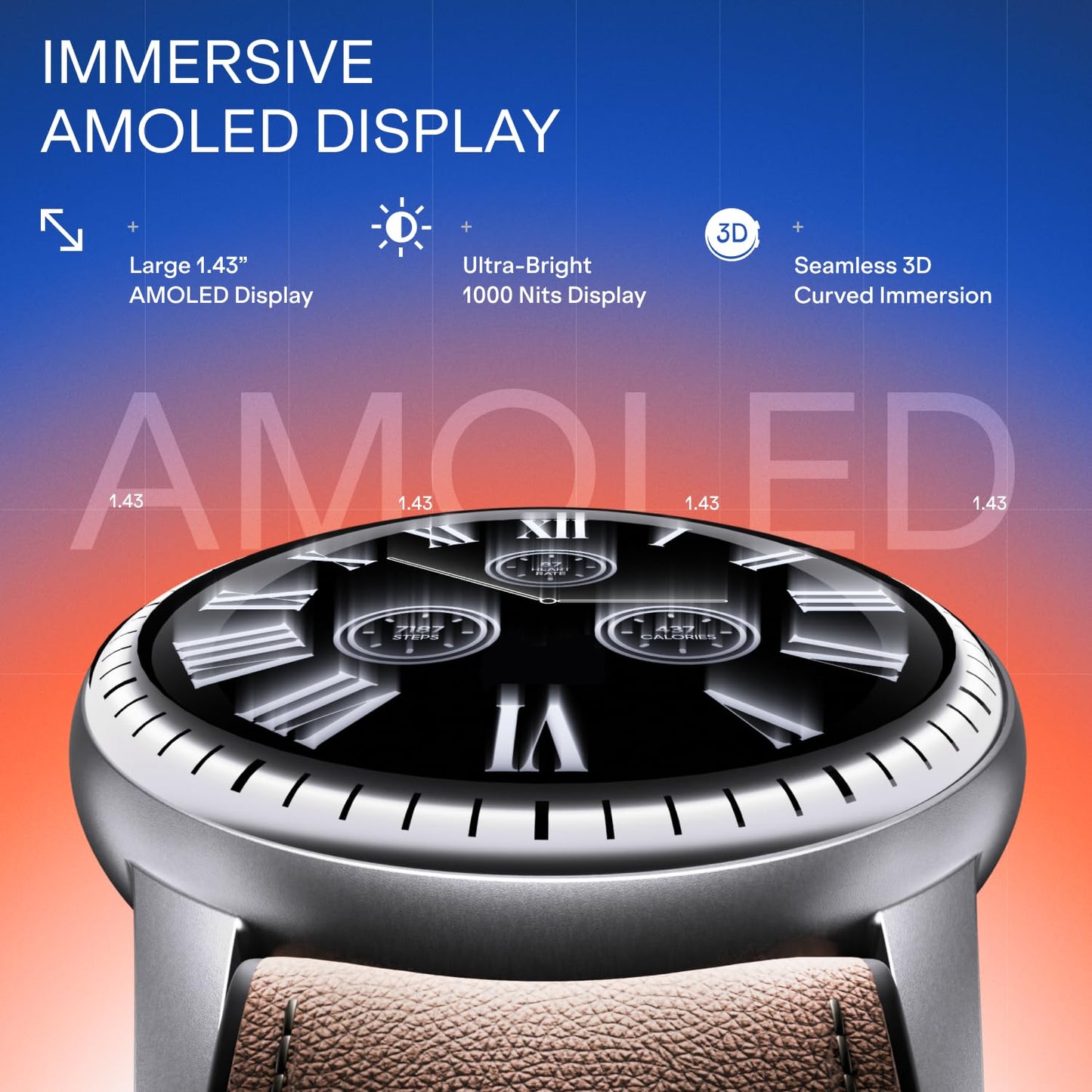 Boat Valour Watch 1 R, AI Smart Habit Builder, 1.43" 3D Immersive AMOLED Display, 1000 nits, Light-Weight Aluminium Build 3 ATM, 10 Days Battery Life, Smart Watches for Man (Oak Leather)