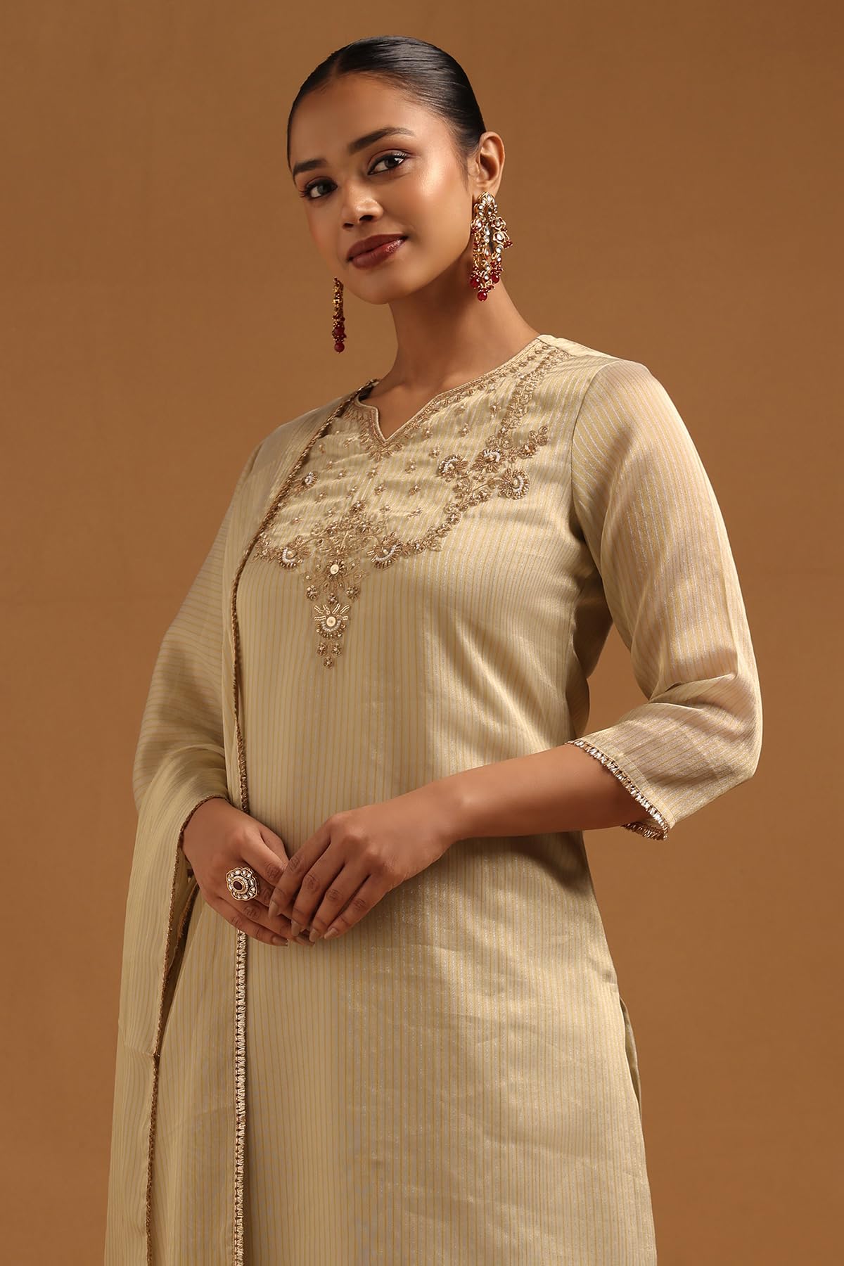 Soch Womens Beige Tissue Stripes Salwar Suit With Sequins