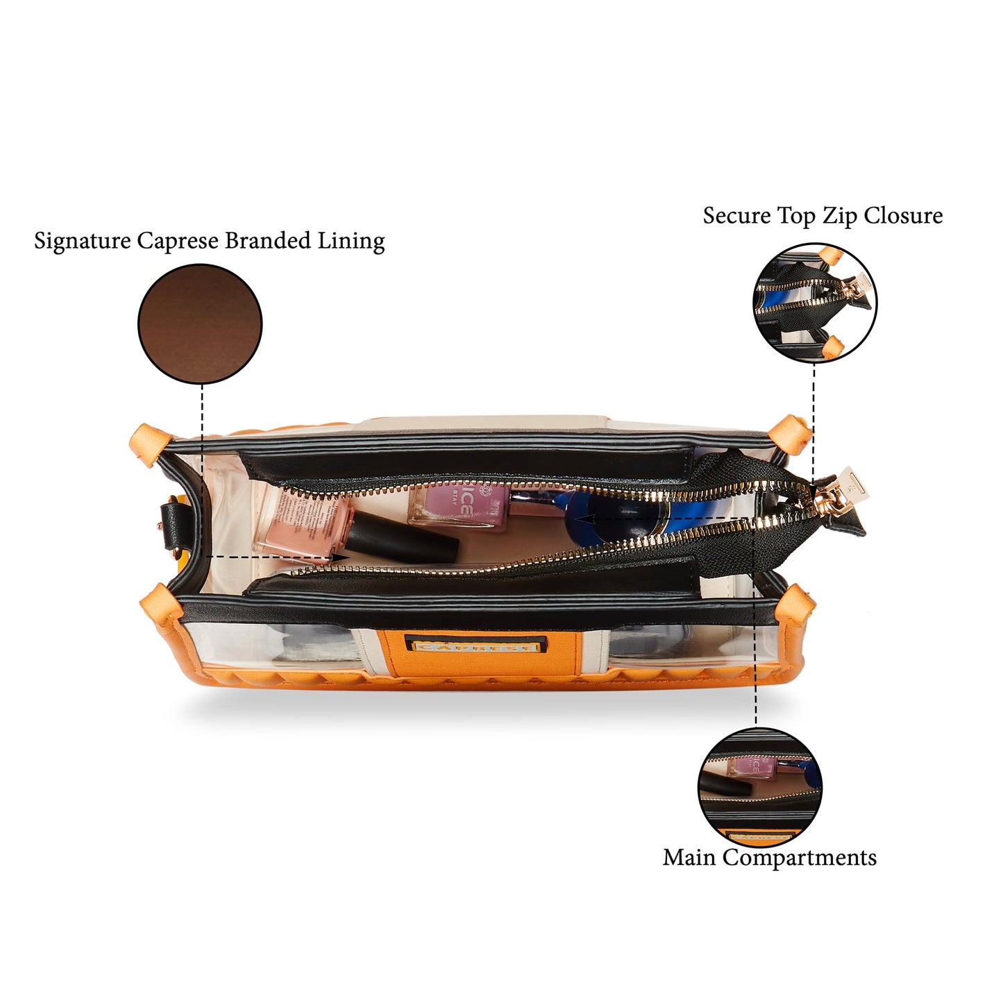 Caprese Madonna Sling Bag Medium | Transparent Crossbody Handbag with Butterfly Charm for Women with Adjustable & Detachable Sling Strap, Zip Closure| Shoulder Bag | Perfect for Casual Use (Amber)