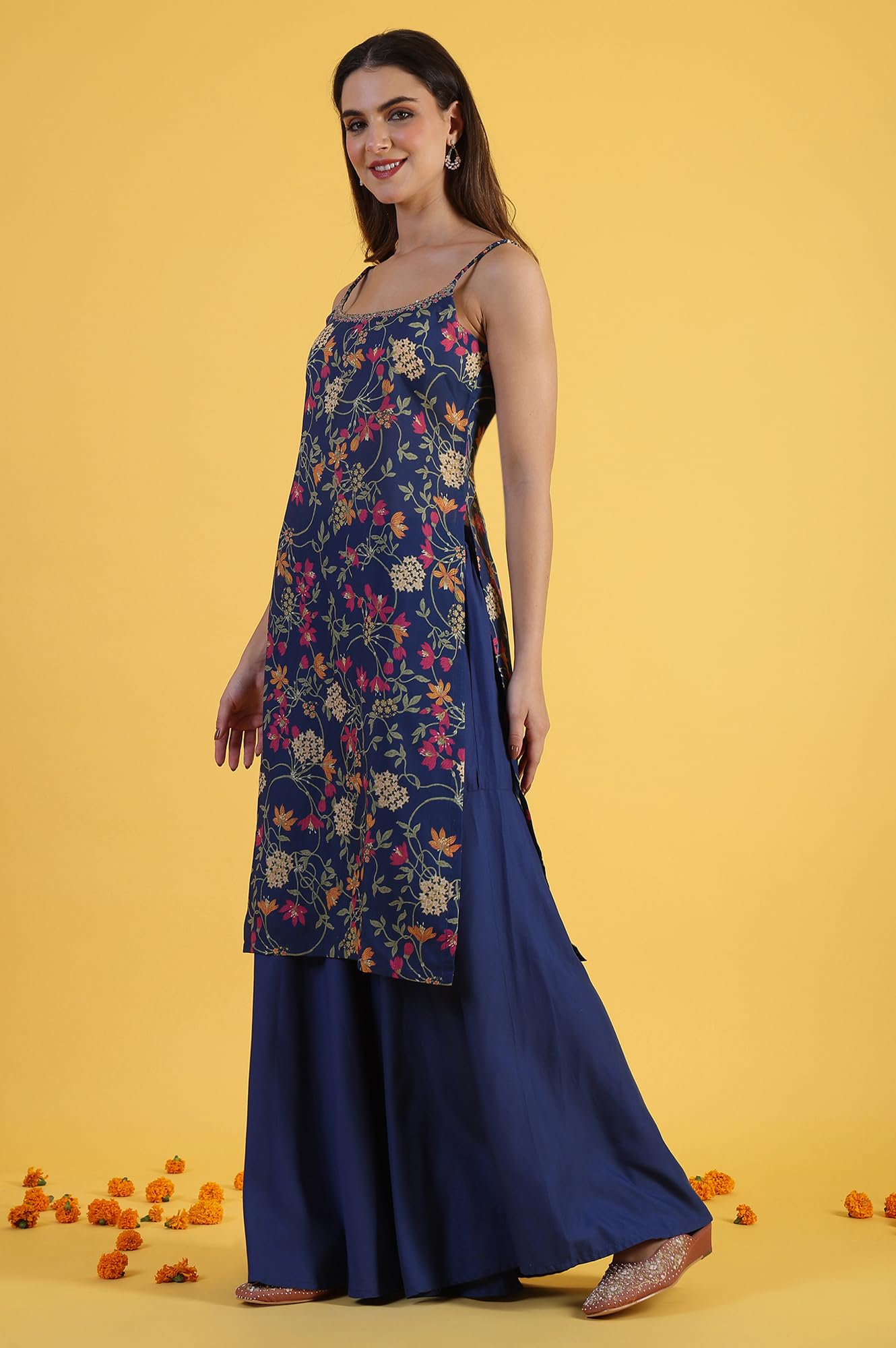 W for Woman Blue Printed Metallic Embroidery Straight Kurta & Sharara with Dupatta Set (Size: XL)-24AUWS11785-124320
