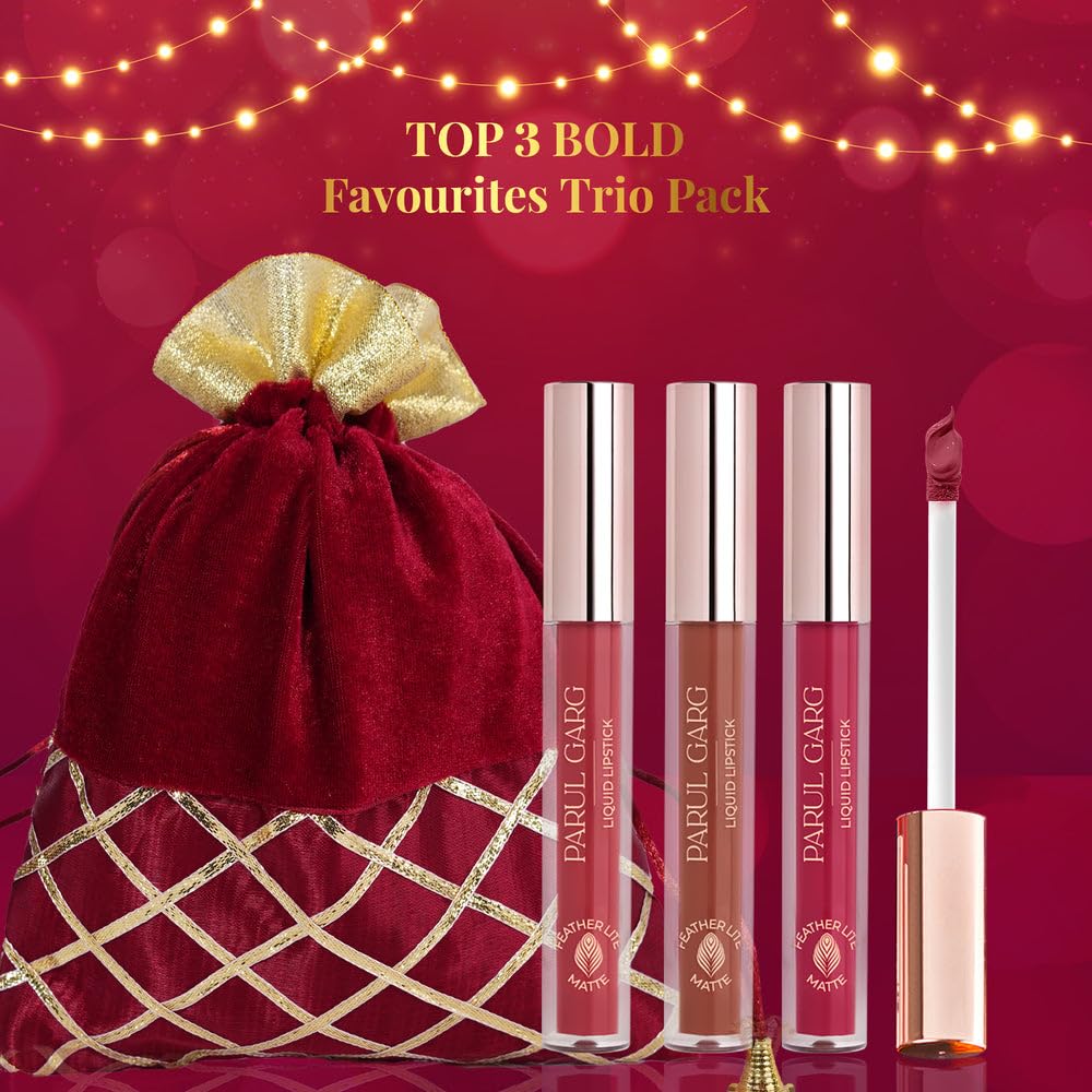 Parul Garg Matte Beauty Liquid Lipstick Trio Pack | High-Pigment, Long-Wear & Non-Drying | Lightweight & Transfer-Proof | 100% Vegan & Clean Beauty (Favourite Trio)