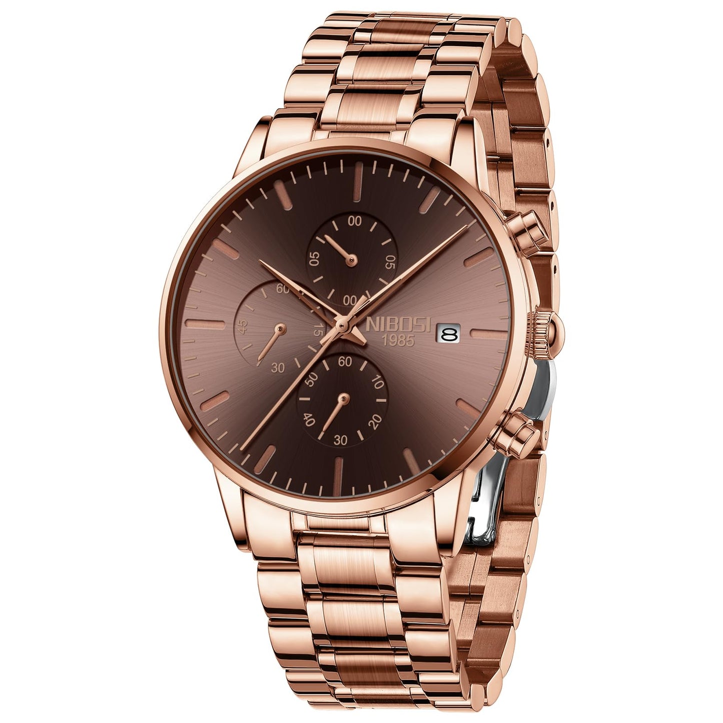 NIBOSI Men's Watches Analog Minimalist Black Dial Watches for Men Business Chronograph Casual Stainless Steel Strap Date (Rose Brown)
