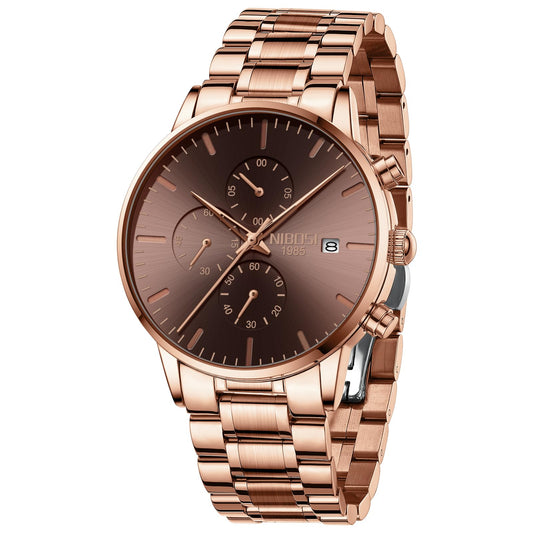 NIBOSI Men's Watches Analog Minimalist Black Dial Watches for Men Business Chronograph Casual Stainless Steel Strap Date (Rose Brown)