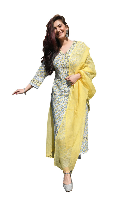 Royal Export Women's White Color Cotton Printed Straight Kurti Palazzo Pants Set Salwar Suit Set (Small, White Yellow)