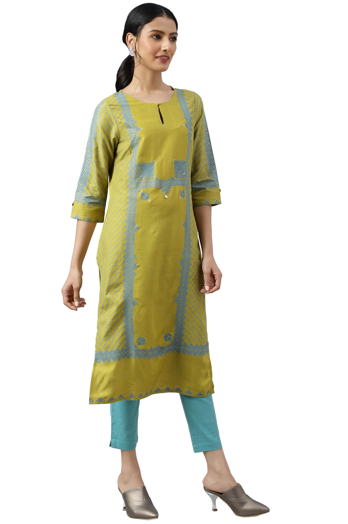 W for Woman Green Placement Print Embellished Kurta