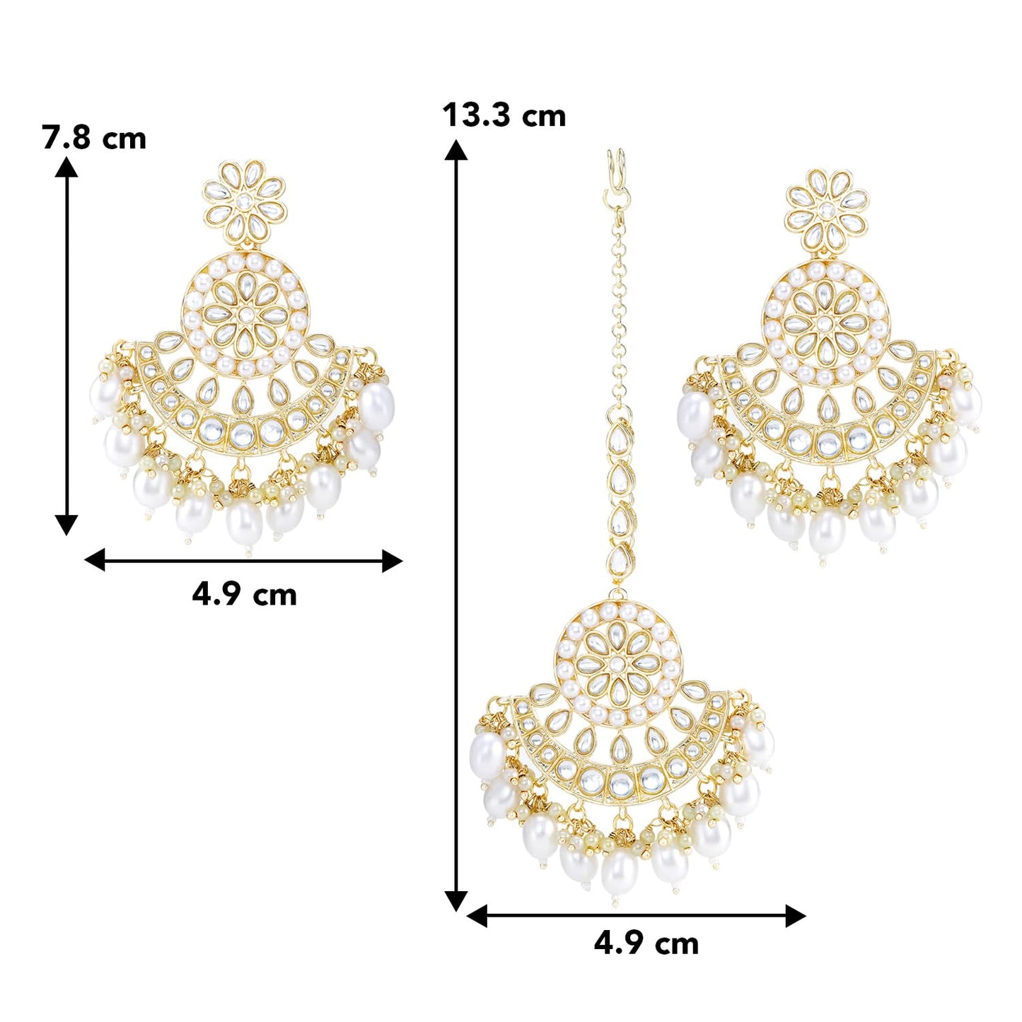 Peora Traditional Gold Plated White Kundan & Pearl Dangle Earrings & Maang Tikka Ethnic Stylish Jewellery Set Gifts for Women & Girls