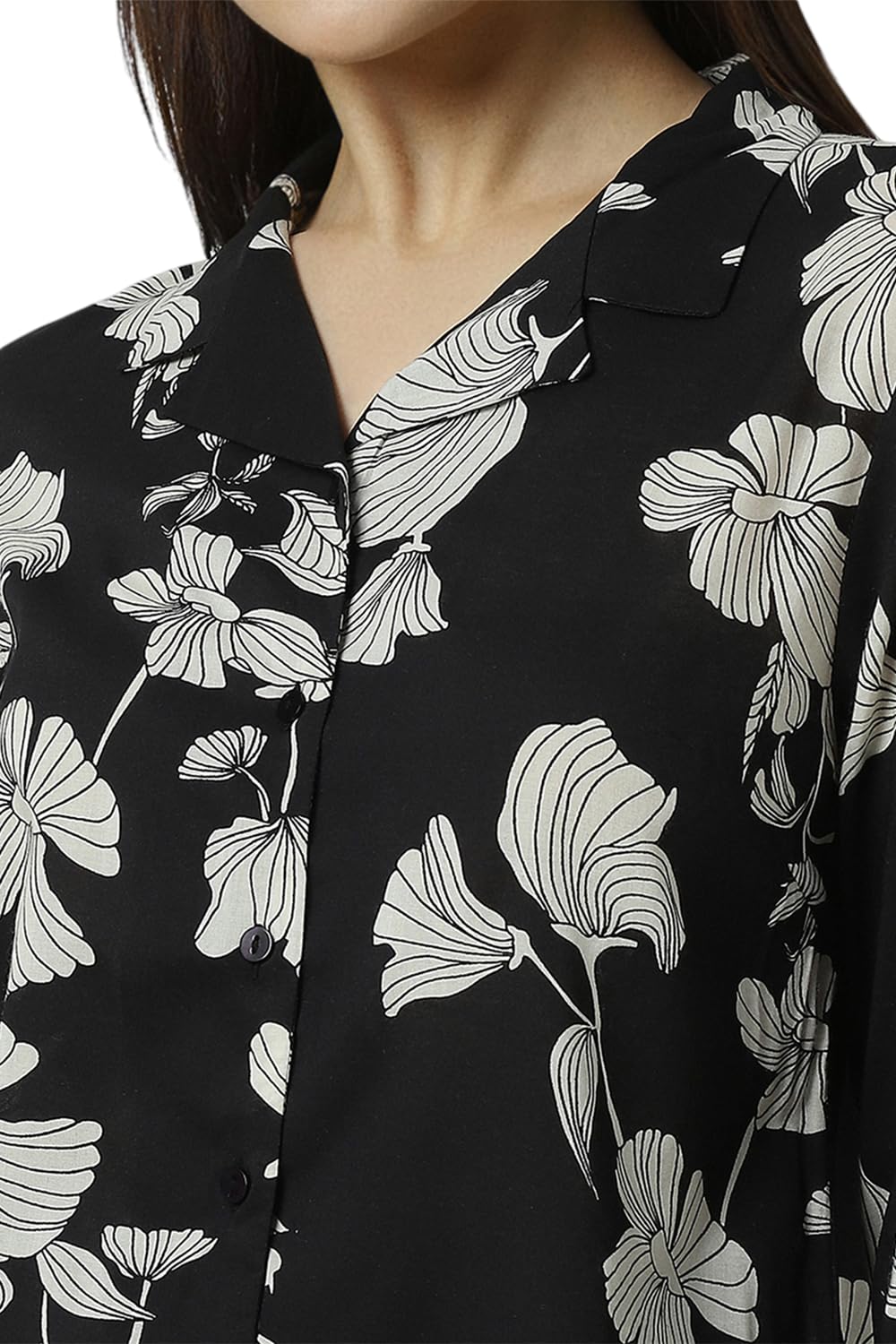 Women Black Print Long Sleeves Formal Shirt