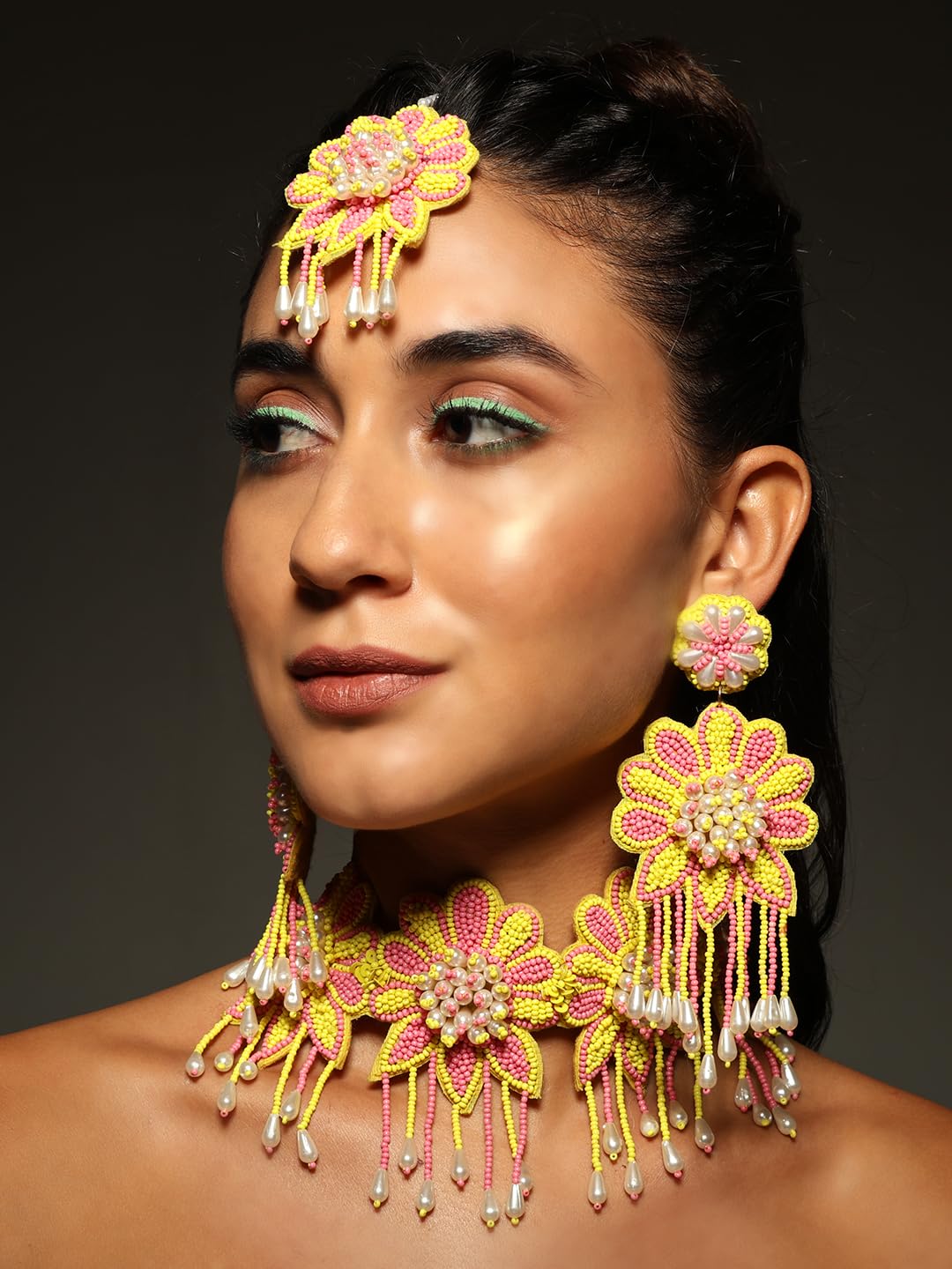 VENI Women's Handmade Beads Jewellery Set For Haldi Mehndi Of Bride For Weddin Pink Yellow