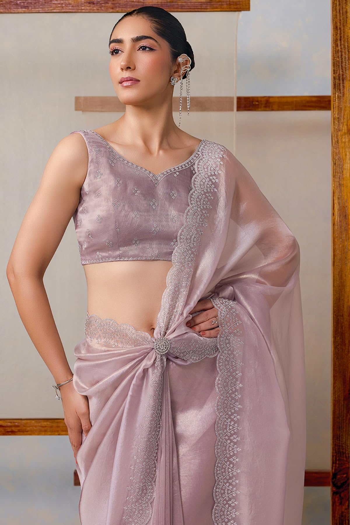 Soch Womens Silver Net Embellished Saree