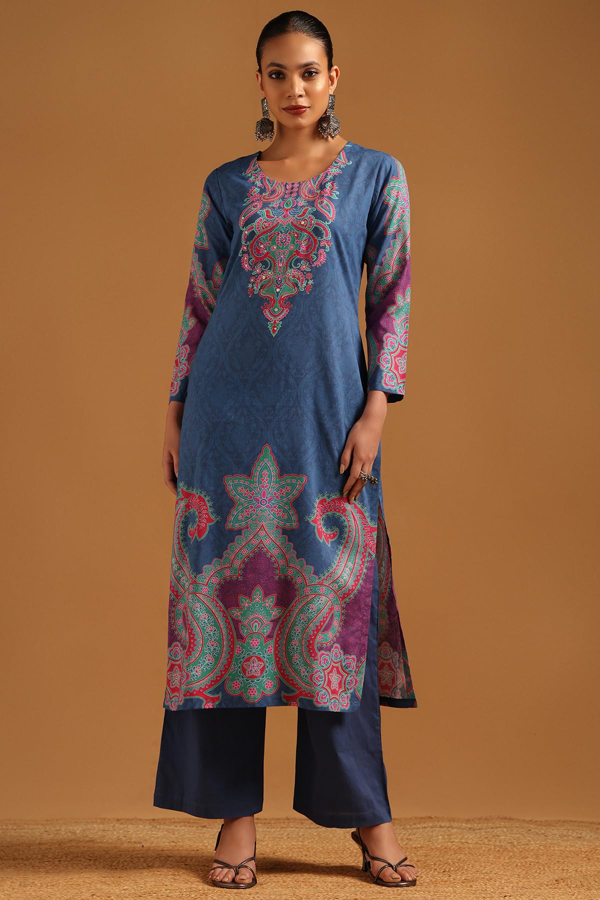 Soch Womens Blue Cotton Botanical Salwar Suit With Sequins