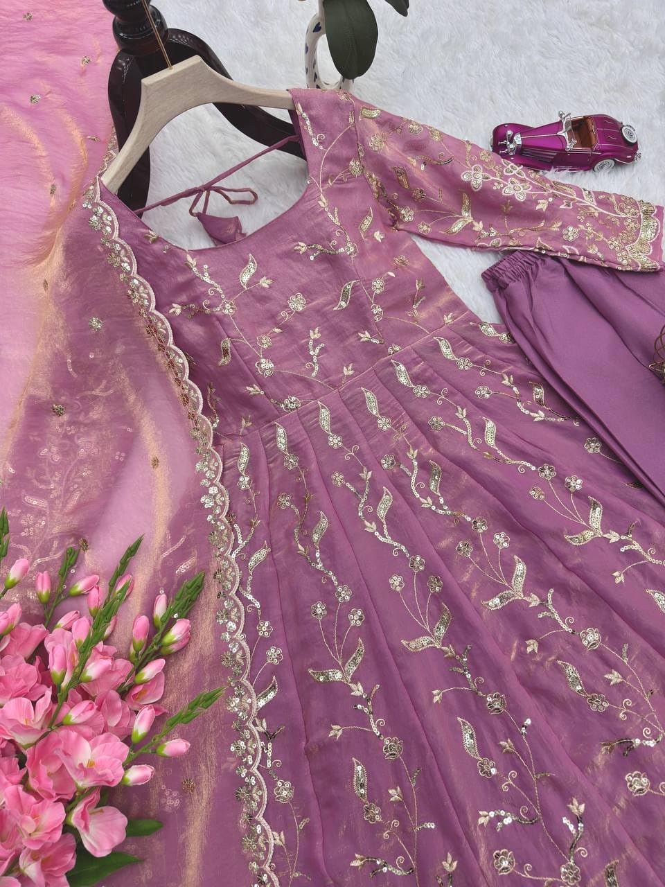 Women's Gown | Embroidery Work | Embroidered Heavy Fandy Silk Outfit | Designer Embroidered Dress with Dupatta || Long Sleeve Gowns (in, Alpha, L, Regular, Women, Light Purple)
