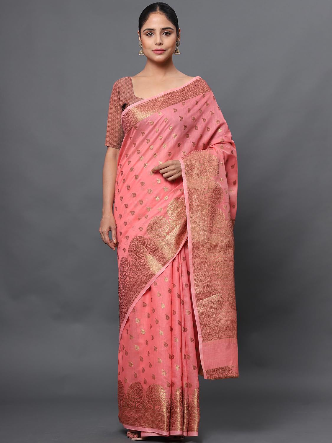 leeza store Women's Pink Cotton Silk Blend Golden Zari Tree Pattern Border Rich Pallu Banarasi Saree With Blouse Piece