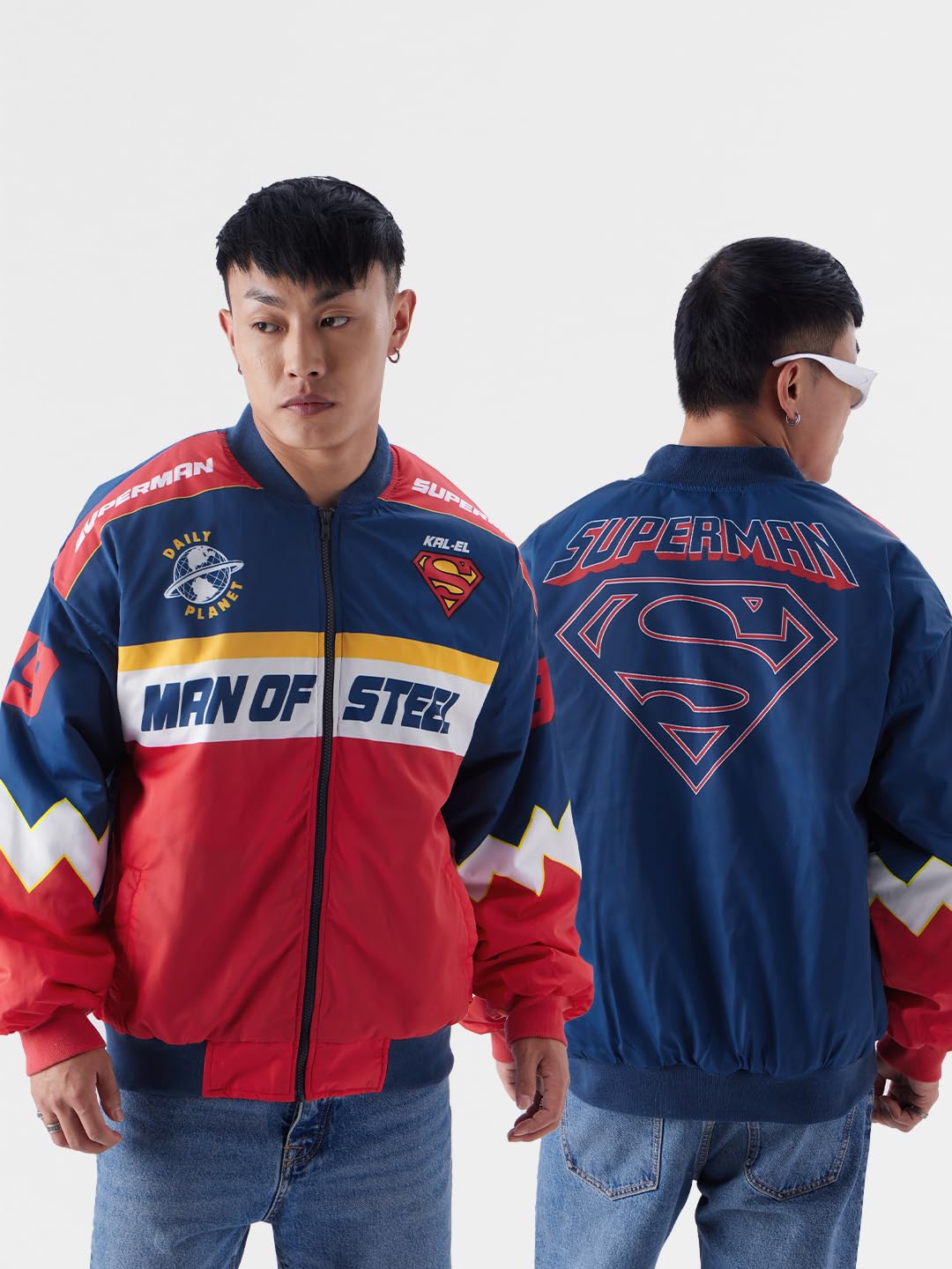 The Souled Store Superman: Kal-El Men Racer Jackets Jackets Winter Coats Outerwear Bomber Puffer Windbreaker Hooded Quilted Lightweight Warm Stylish Fashionable Casual Trendy Classic Motorcycle