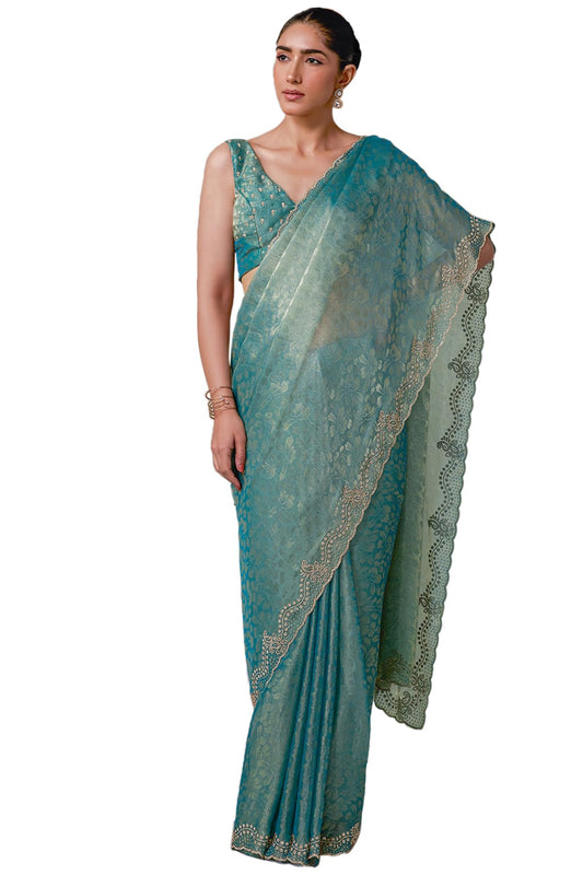 Soch Womens Teal Blue Fendy Chiffon Woven Design Saree With Stone Work