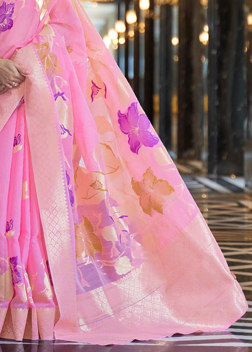 SWORNOF Womens Kanjivaram Banarasi Silk Saree Patola saree with Unstitched blouse piece (BABY PINK)