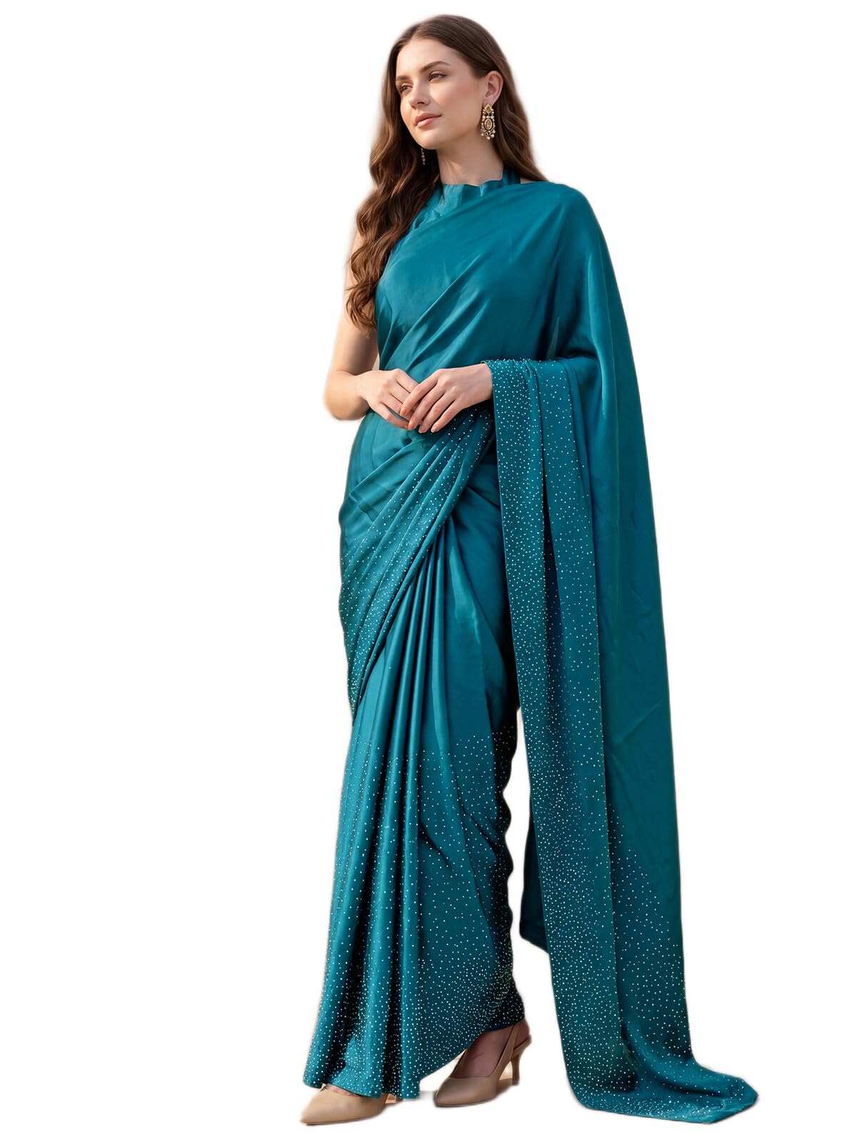 SIRIL Women's Satin Silk Dyed Embellished Saree with Unstitched Blouse Piece (3111S413AAA_Teal Blue)